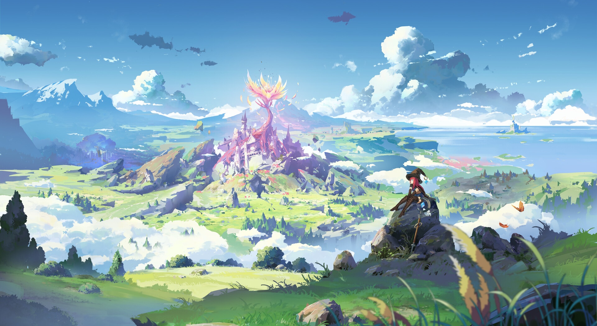 Fantasy landscape with a castle and a person HD Wallpaper