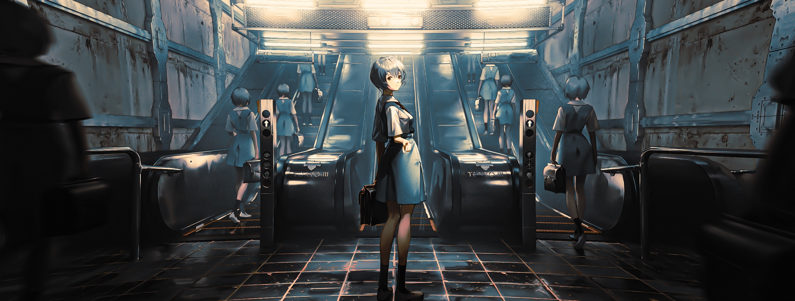 Ayanami Rei on an escalator in a futuristic station HD Wallpaper