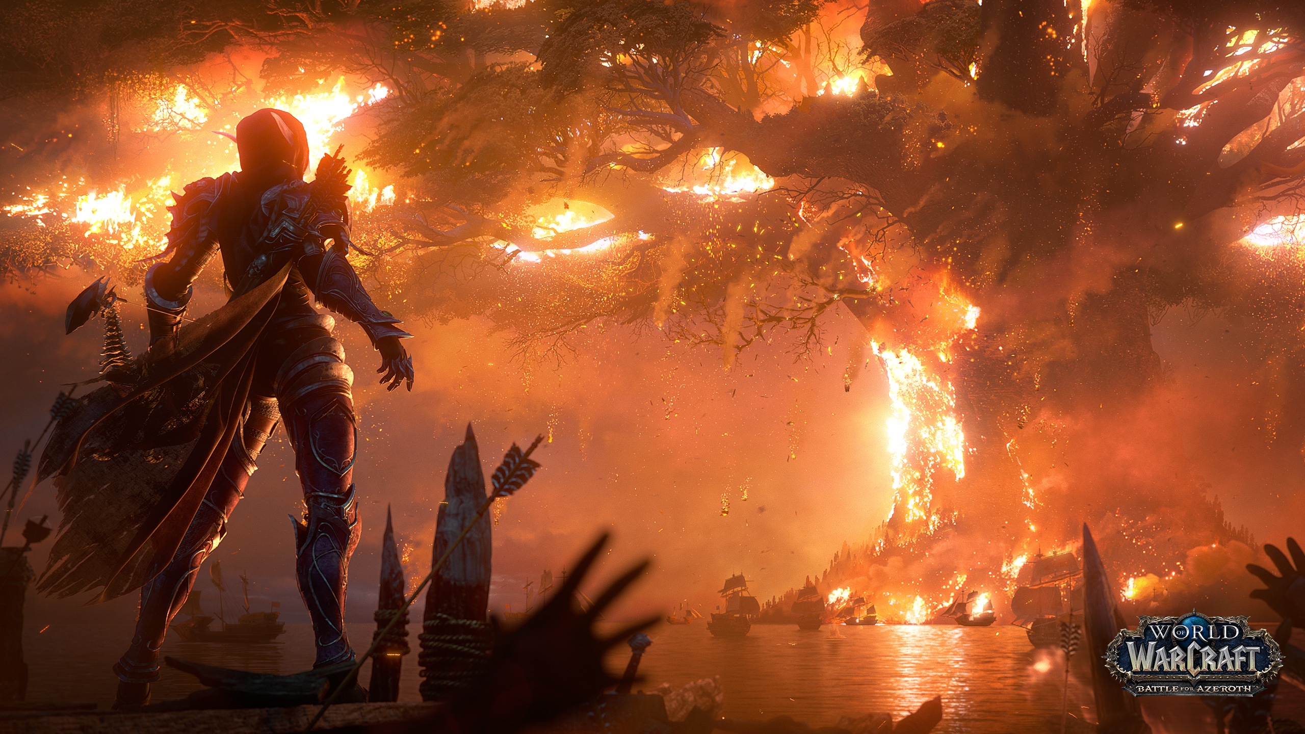 Sylvanas Windrunner watches a burning tree in World of Warcraft HD Wallpaper