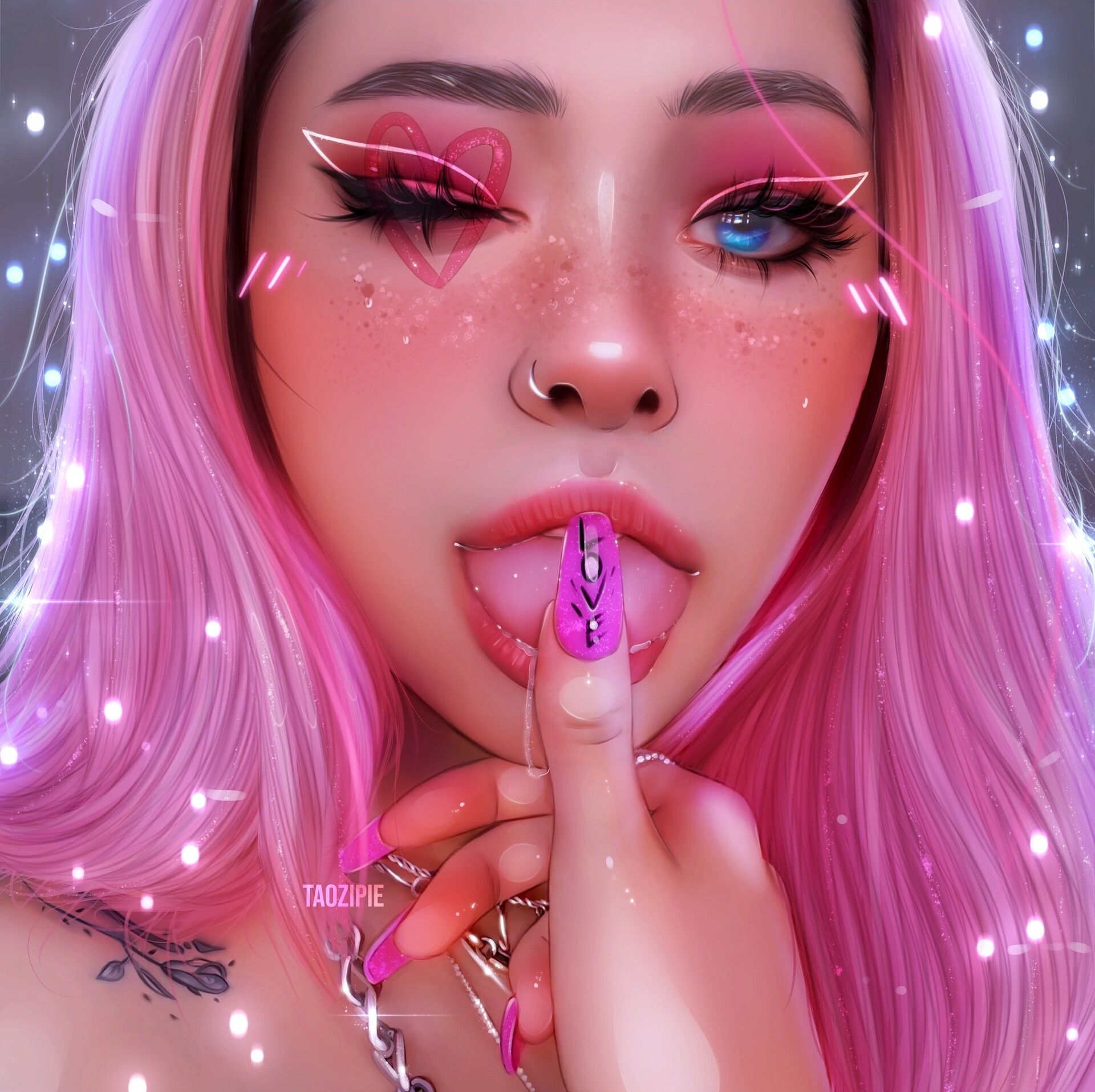Woman with pink hair and makeup sticking tongue out HD Wallpaper