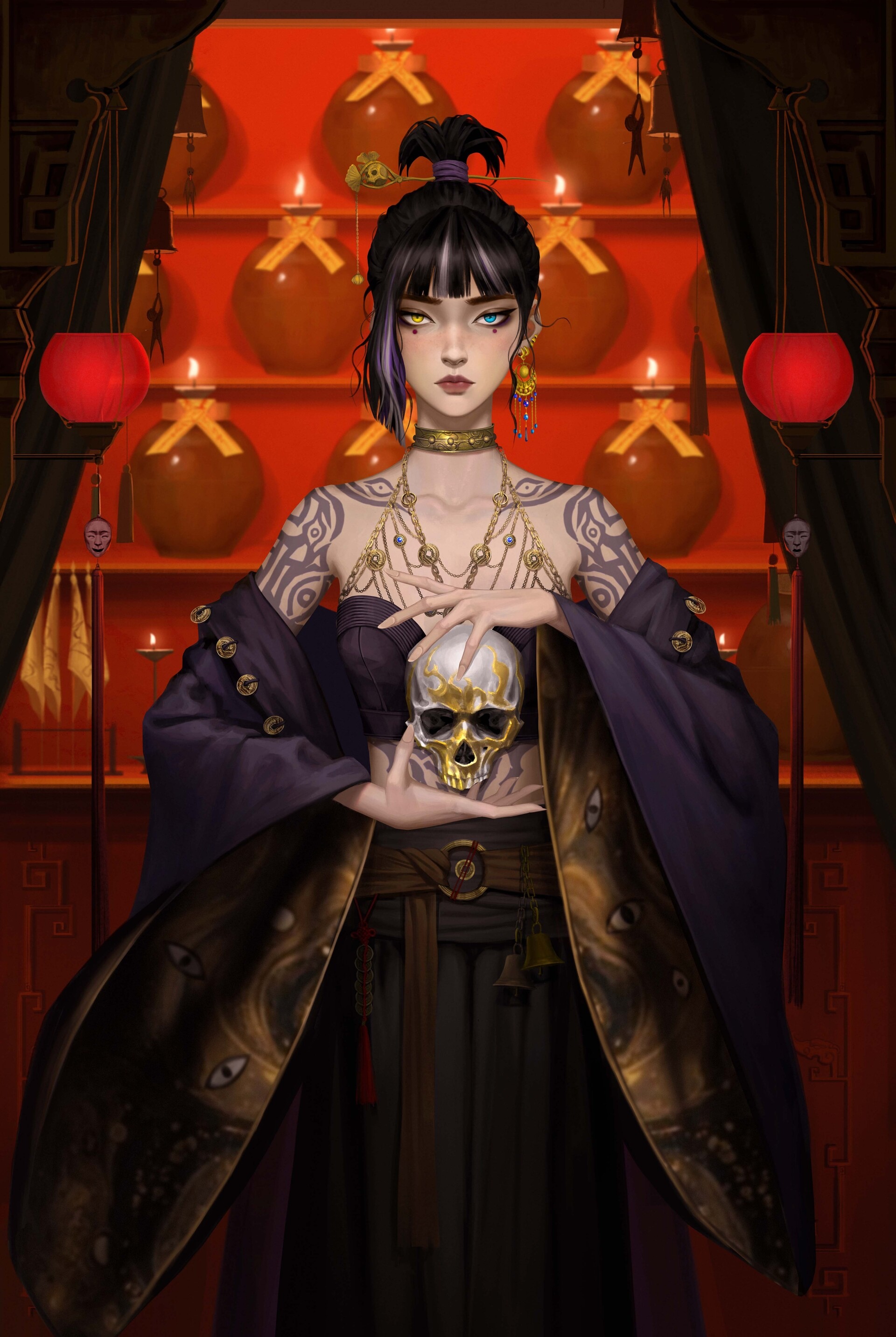 Illustration of a woman with tattoos holding a skull HD Phone Wallpaper