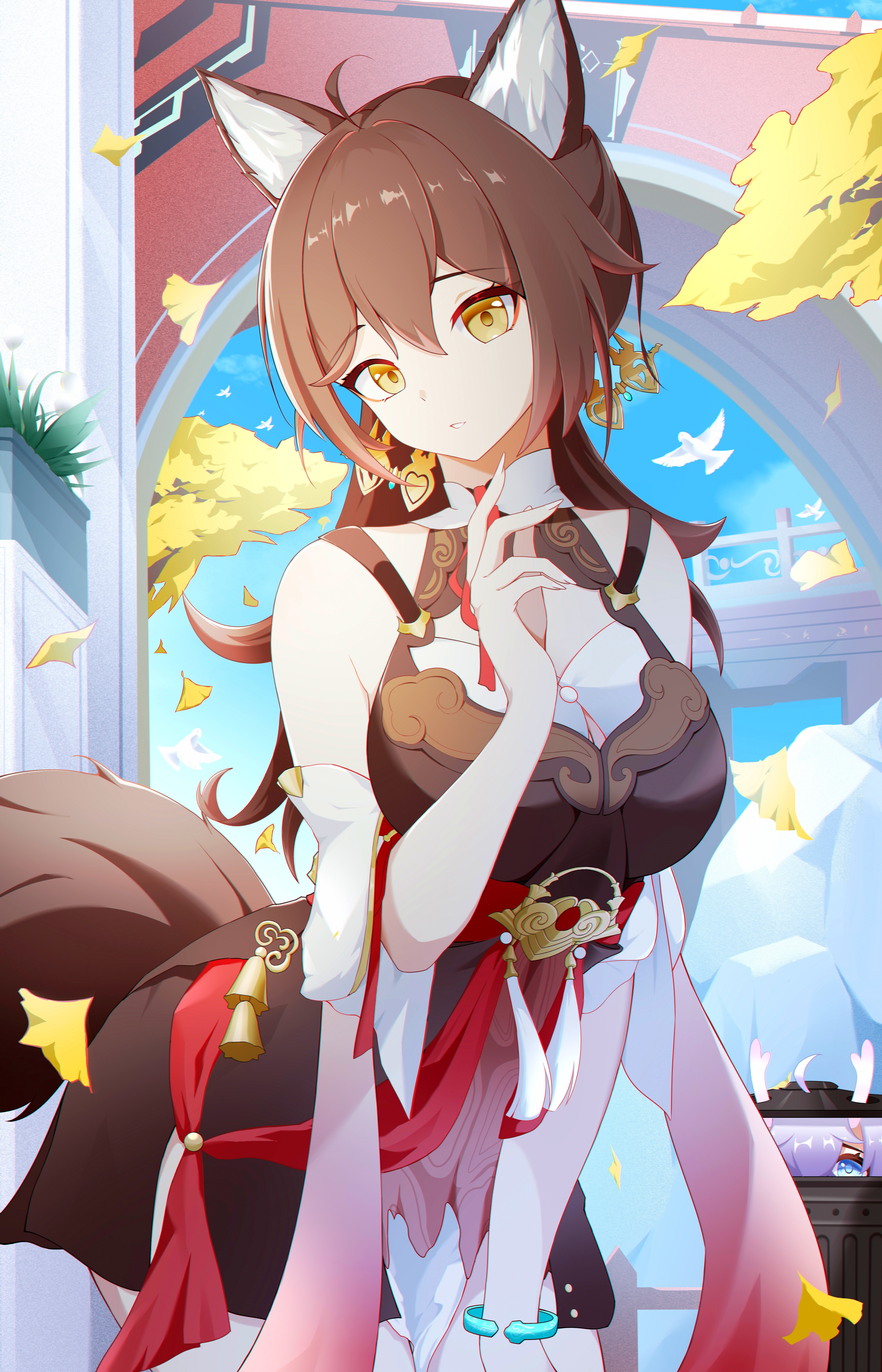 4K anime fox girl with brown hair and yellow eyes HD Phone Wallpaper
