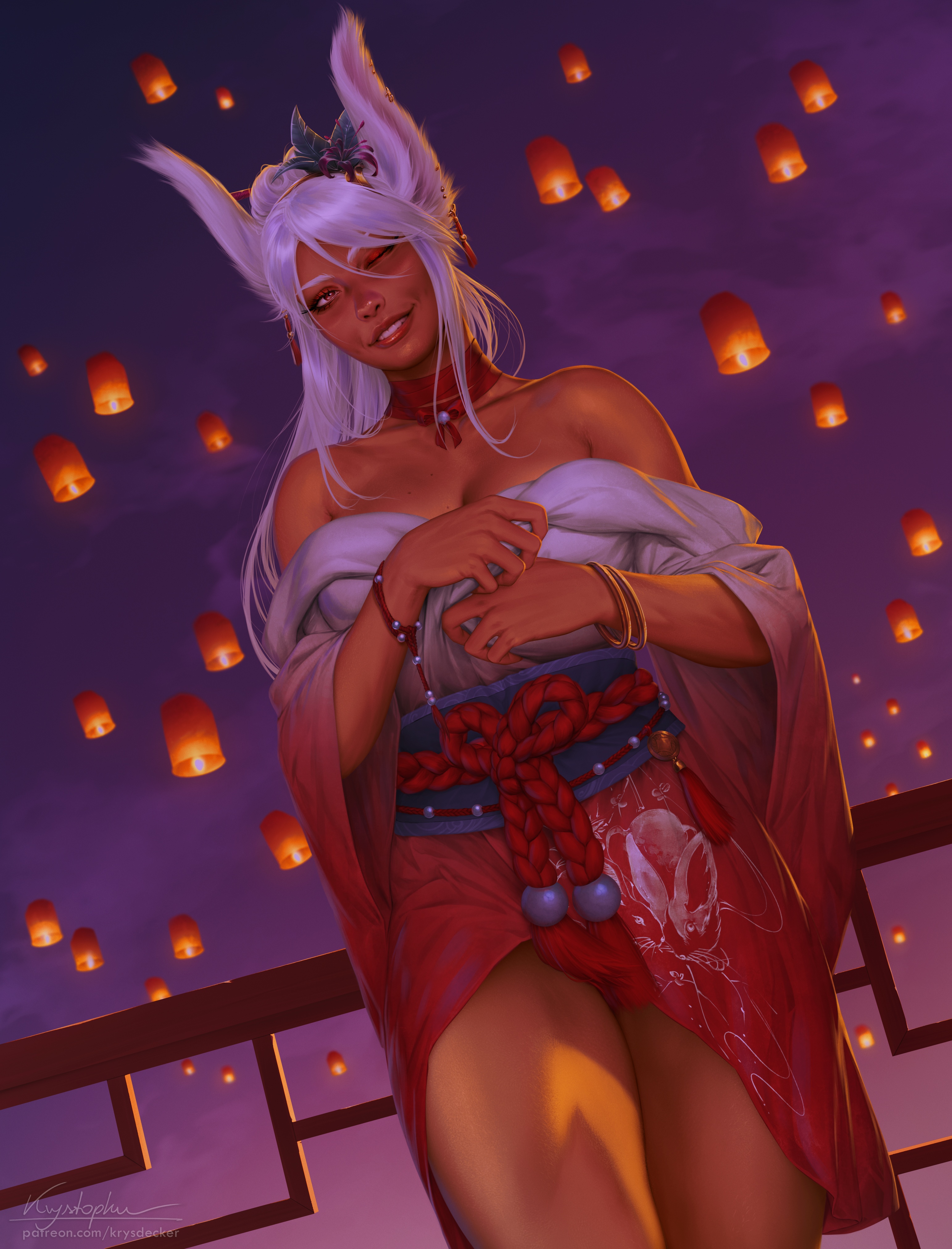 Usagiyama Rumi in Kimono with Lanterns HD Phone Wallpaper