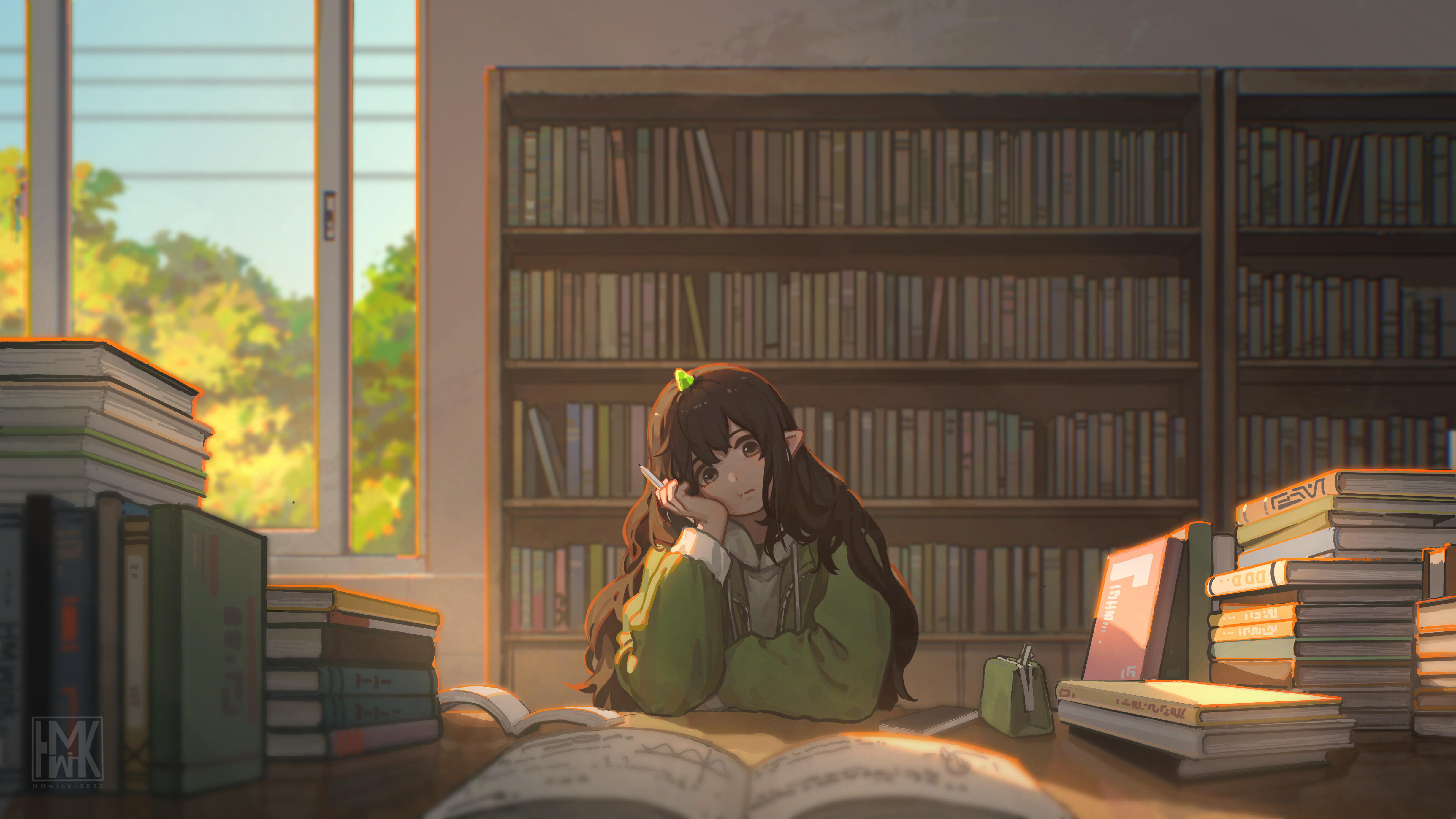 4K Library with Elves and Books HD Wallpaper