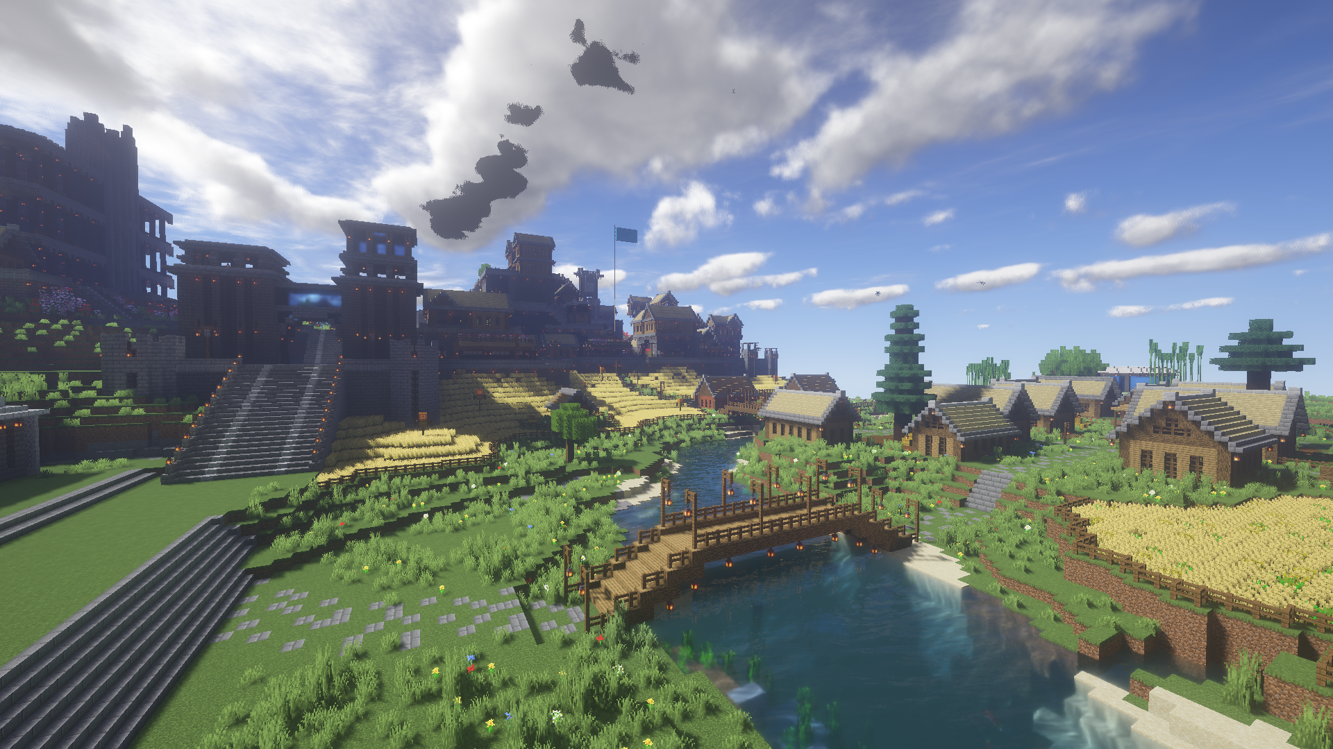 Minecraft village with castle and bridge over water HD Wallpaper