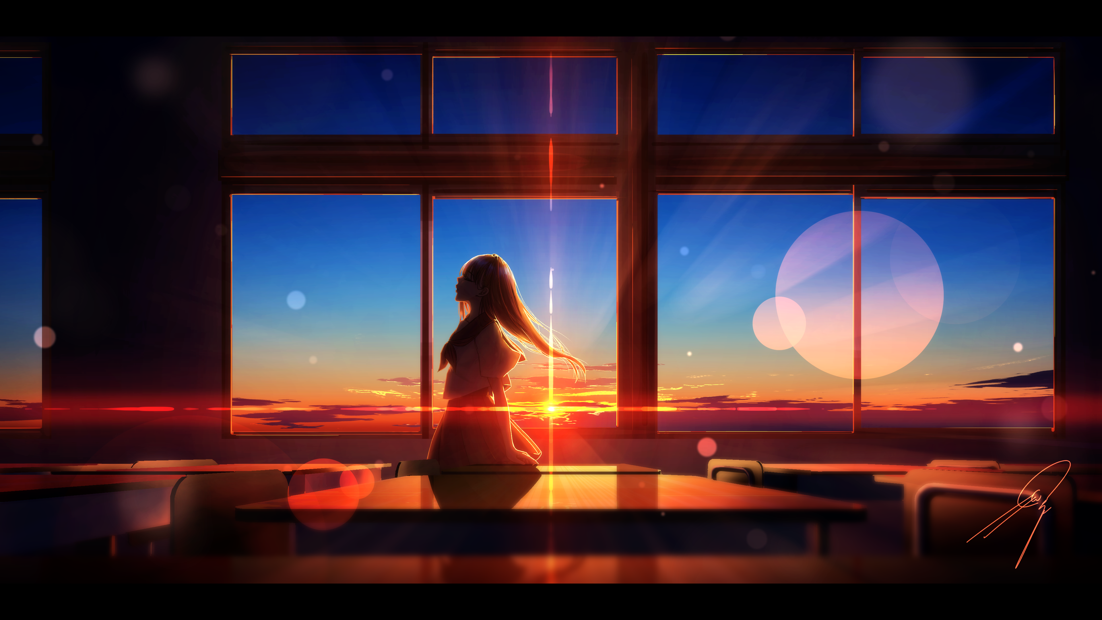 Schoolgirl in classroom at sunset HD Wallpaper