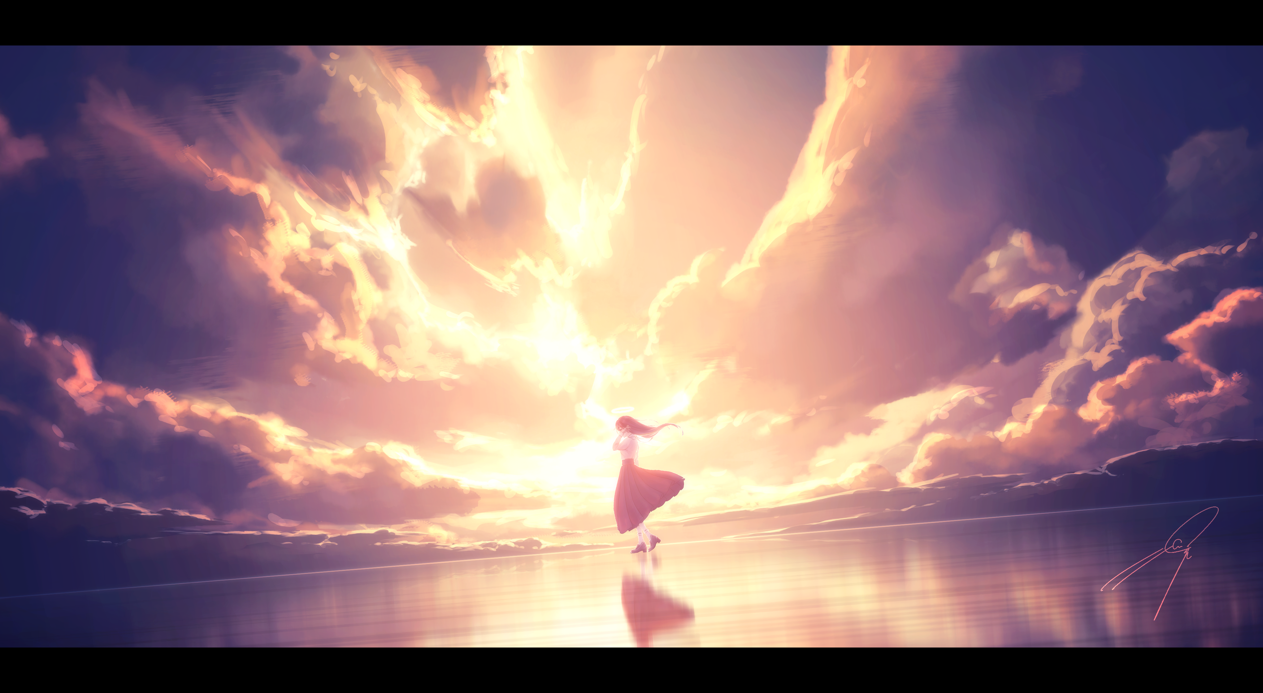Artwork of a girl dancing in sunset clouds HD Wallpaper