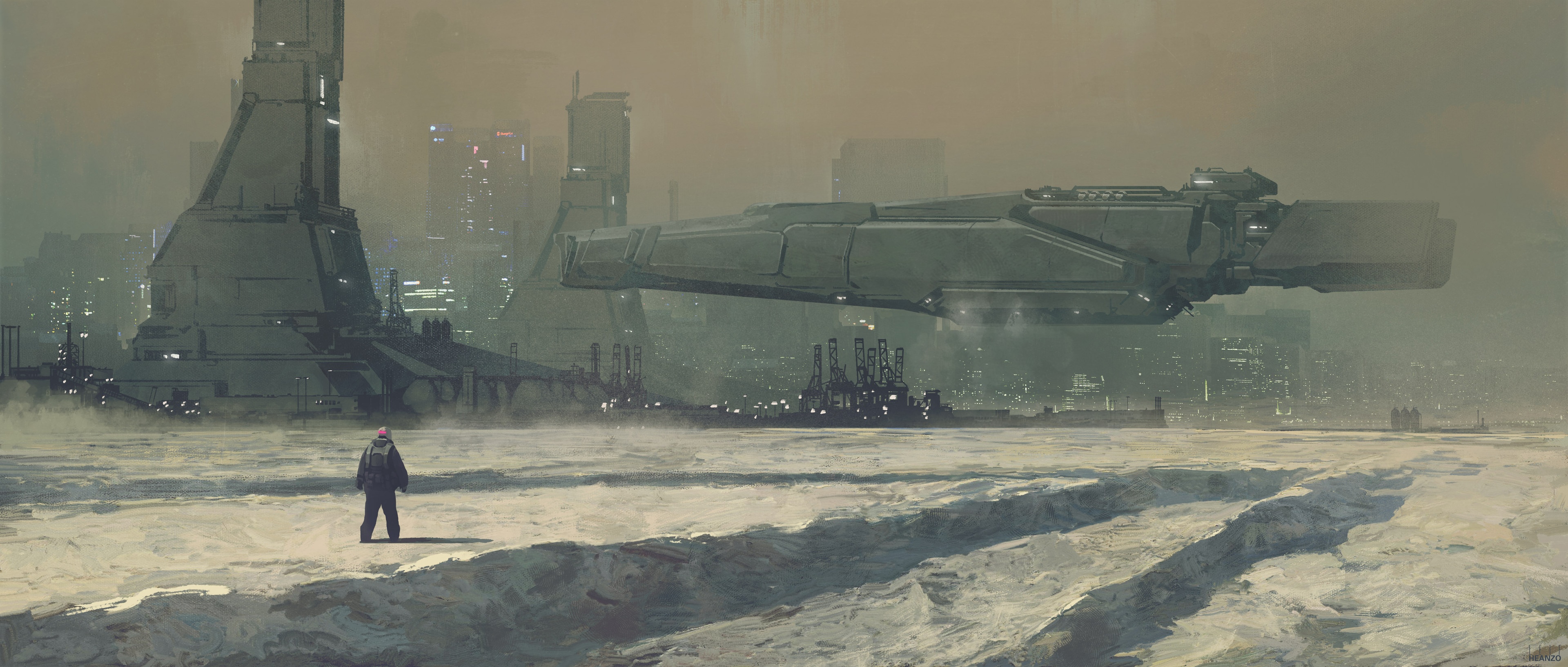 4K Futuristic Cityscape with Spaceship and Person HD Wallpaper