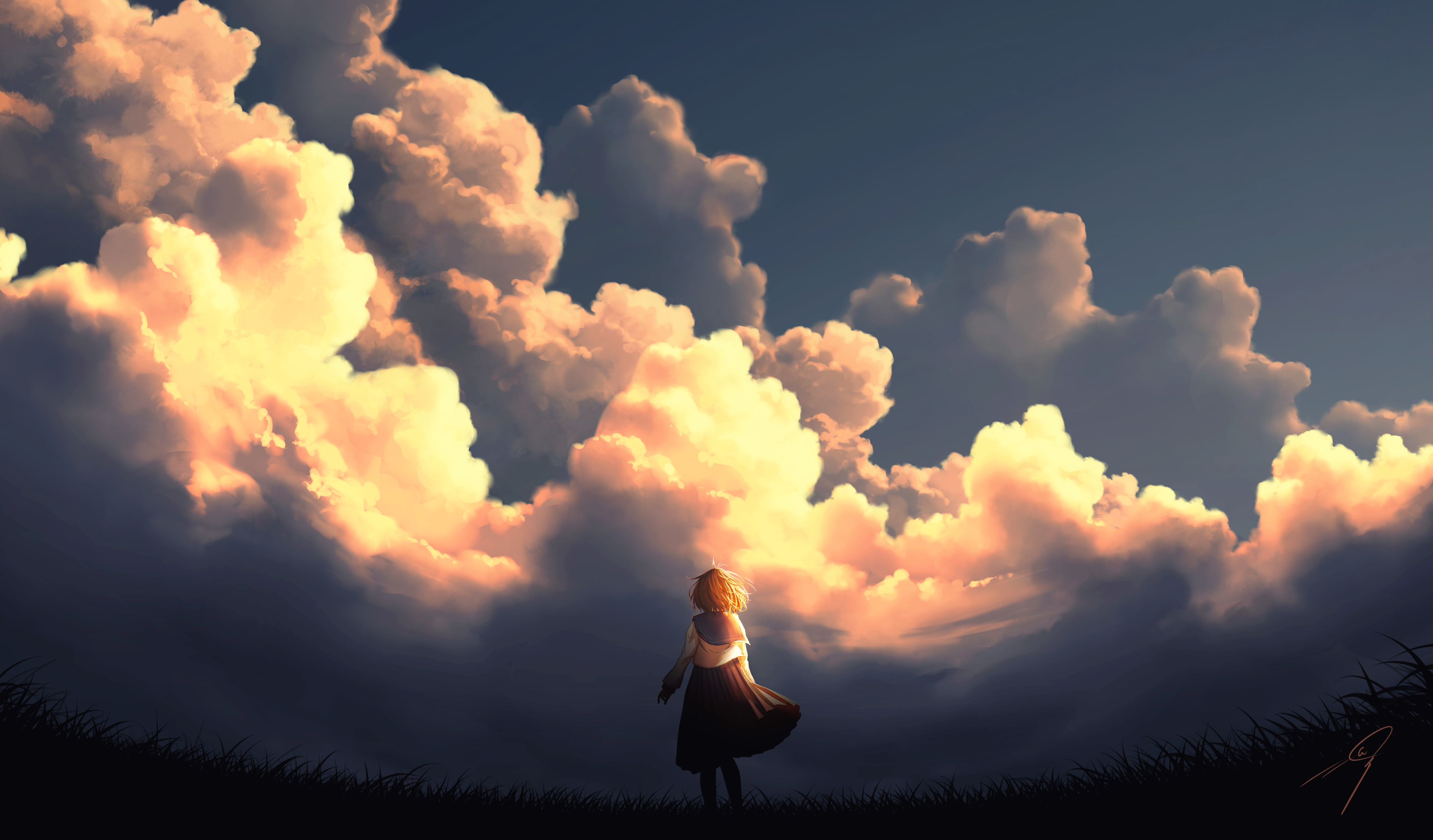 4K Nengoro girl in school uniform under sunset clouds HD Wallpaper