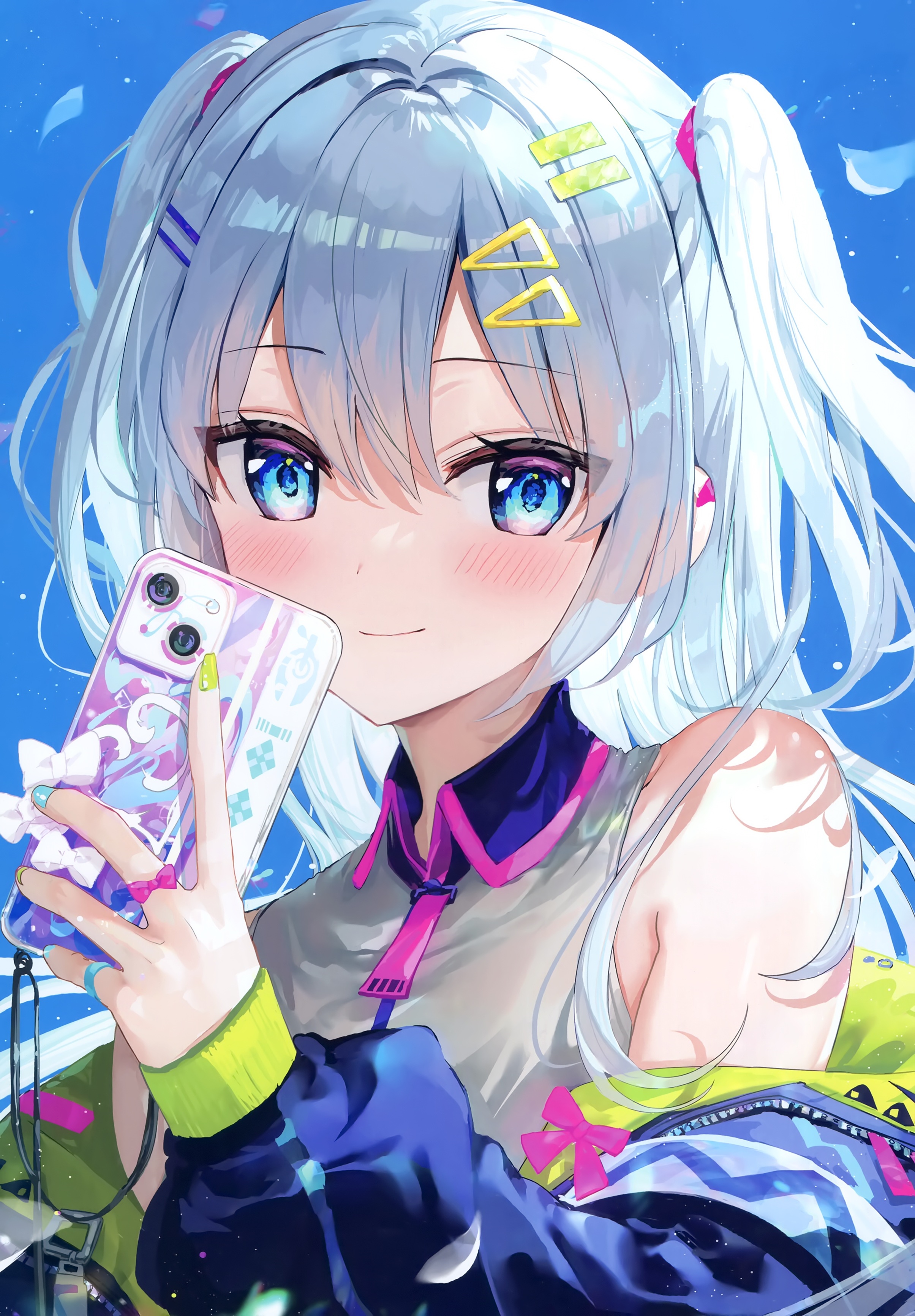 Anime girl with blue hair and blue eyes holding a phone HD Phone Wallpaper