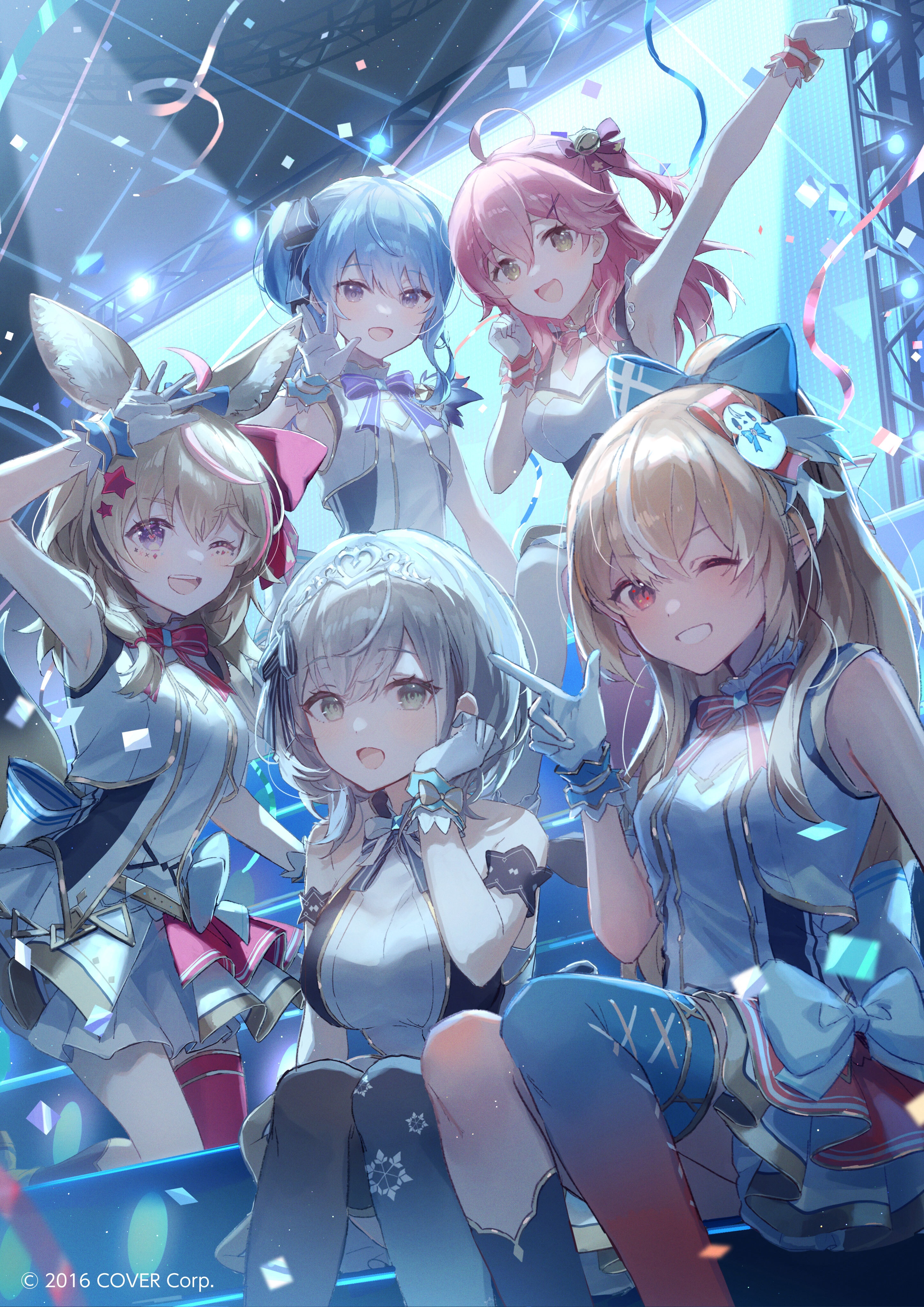 Five anime girls in stage outfits with confetti HD Phone Wallpaper