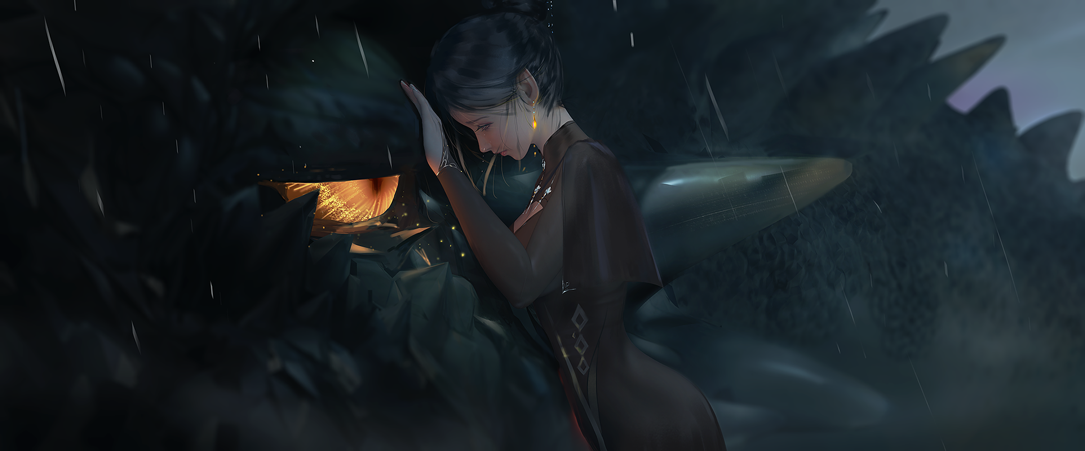 Fantasy girl leaning on a dragon in the rain HD Wallpaper