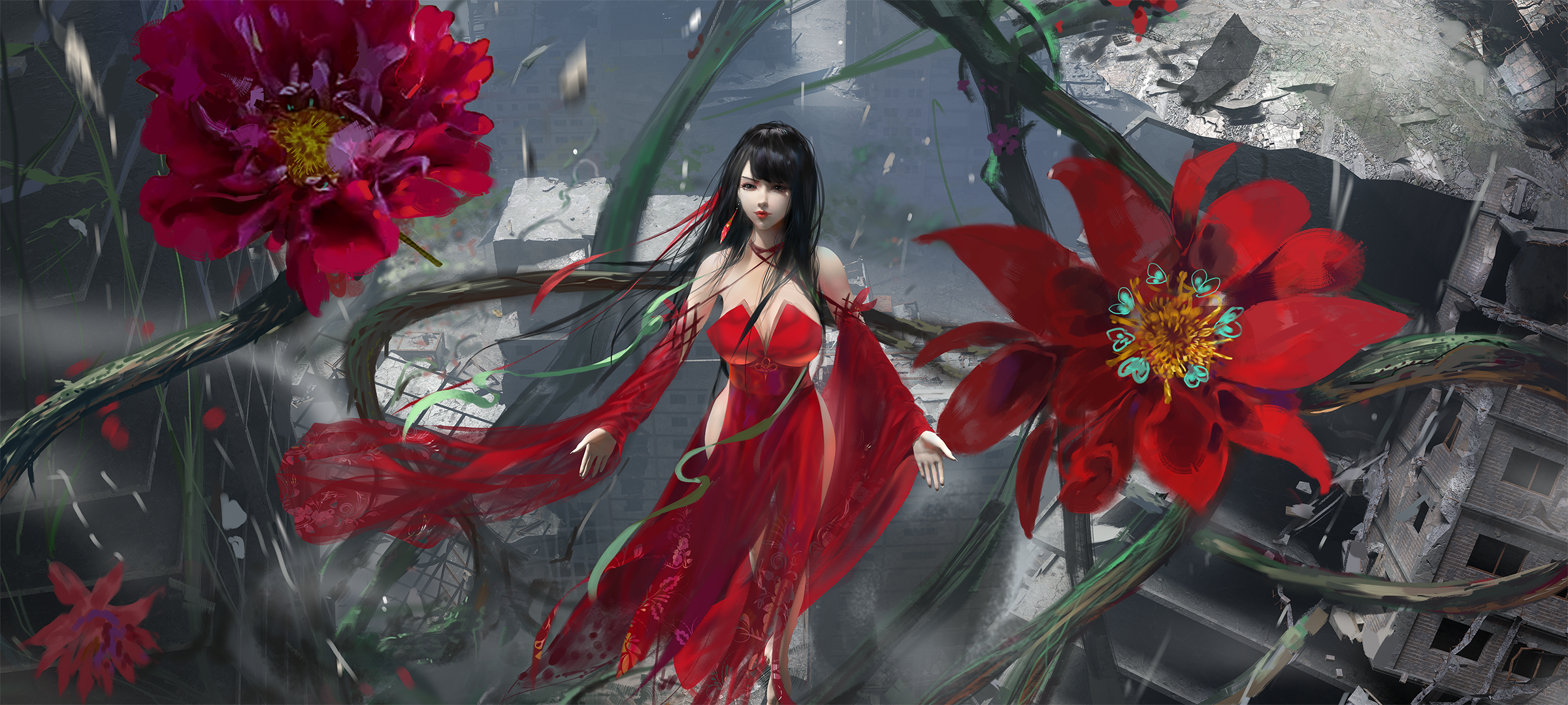 Ydiya Kai in a red dress with flowers HD Wallpaper