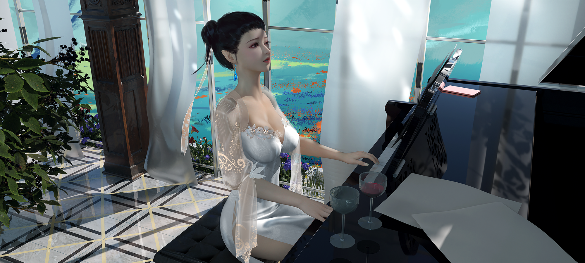 Fantasy girl playing piano with wine glasses HD Wallpaper