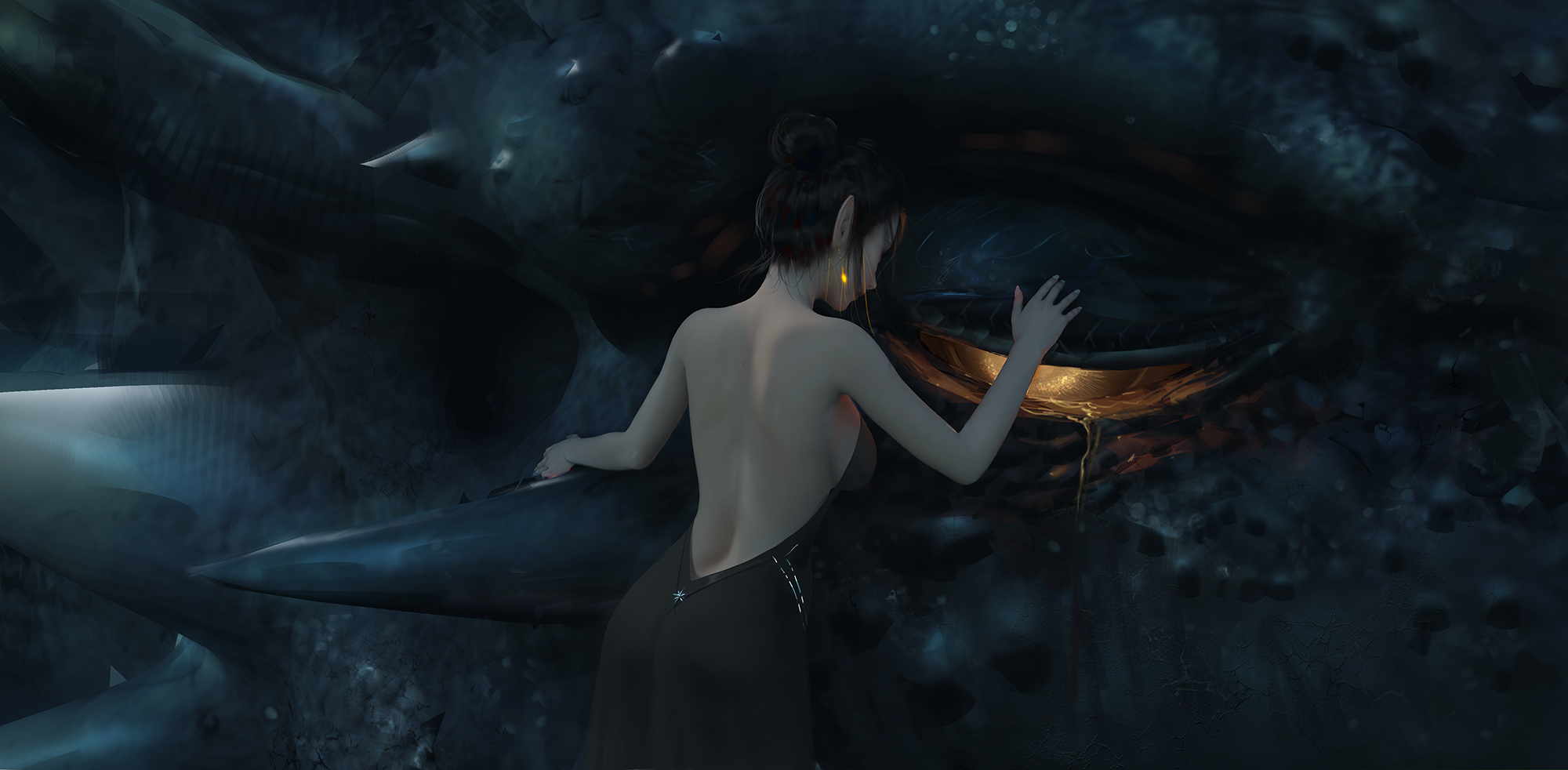 Fantasy girl touching a dragon's eye HD Wallpaper