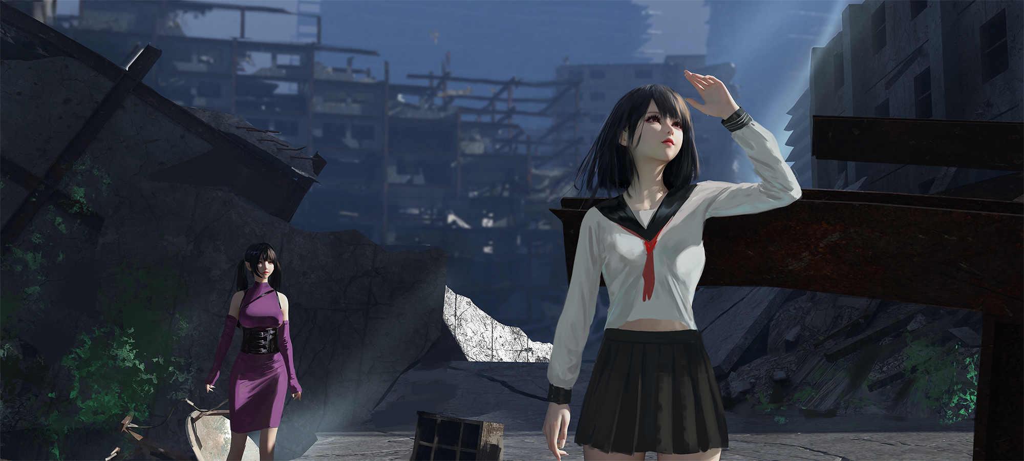 Two anime girls in a ruined city HD Wallpaper