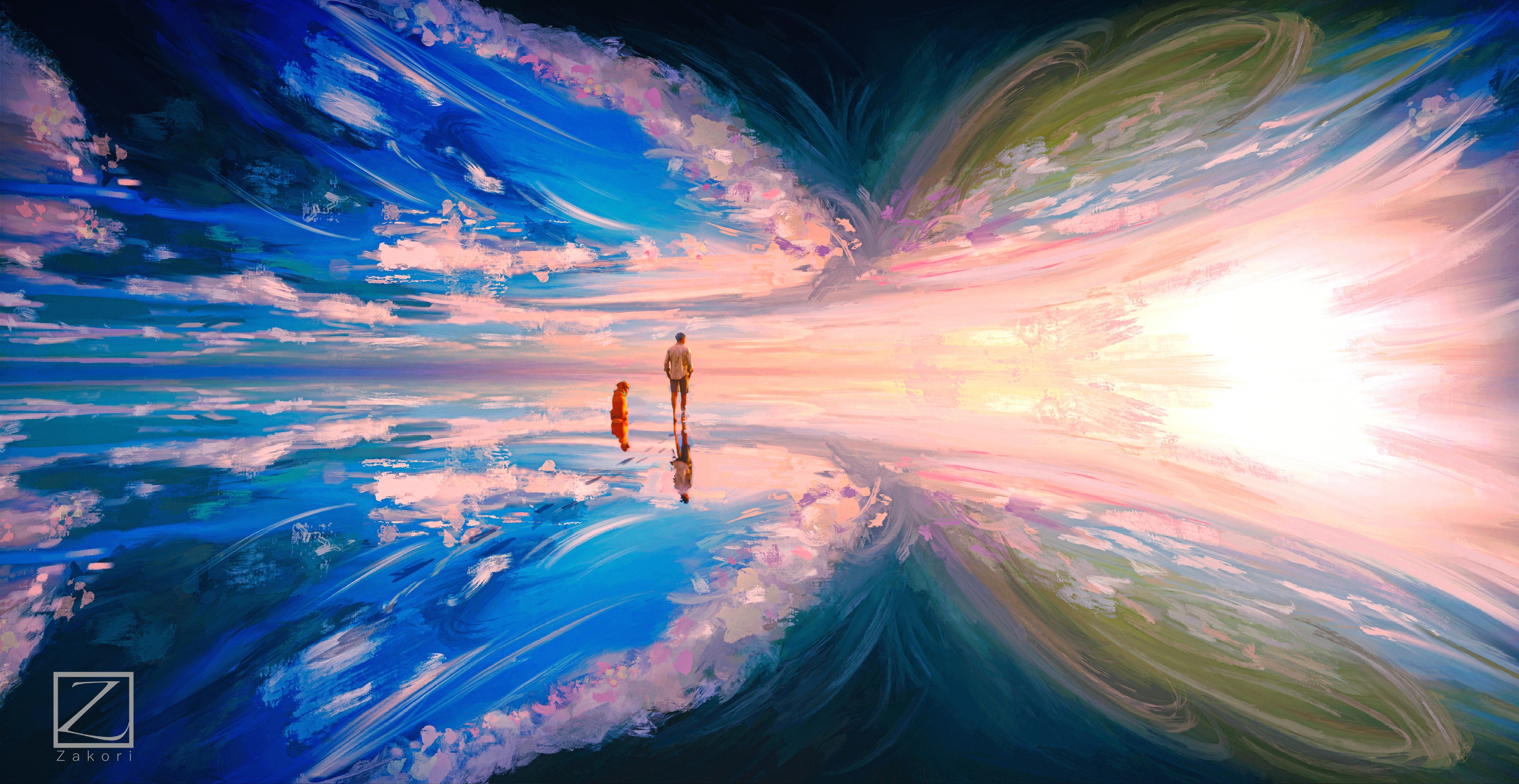 4K man and dog by a reflective ocean HD Wallpaper