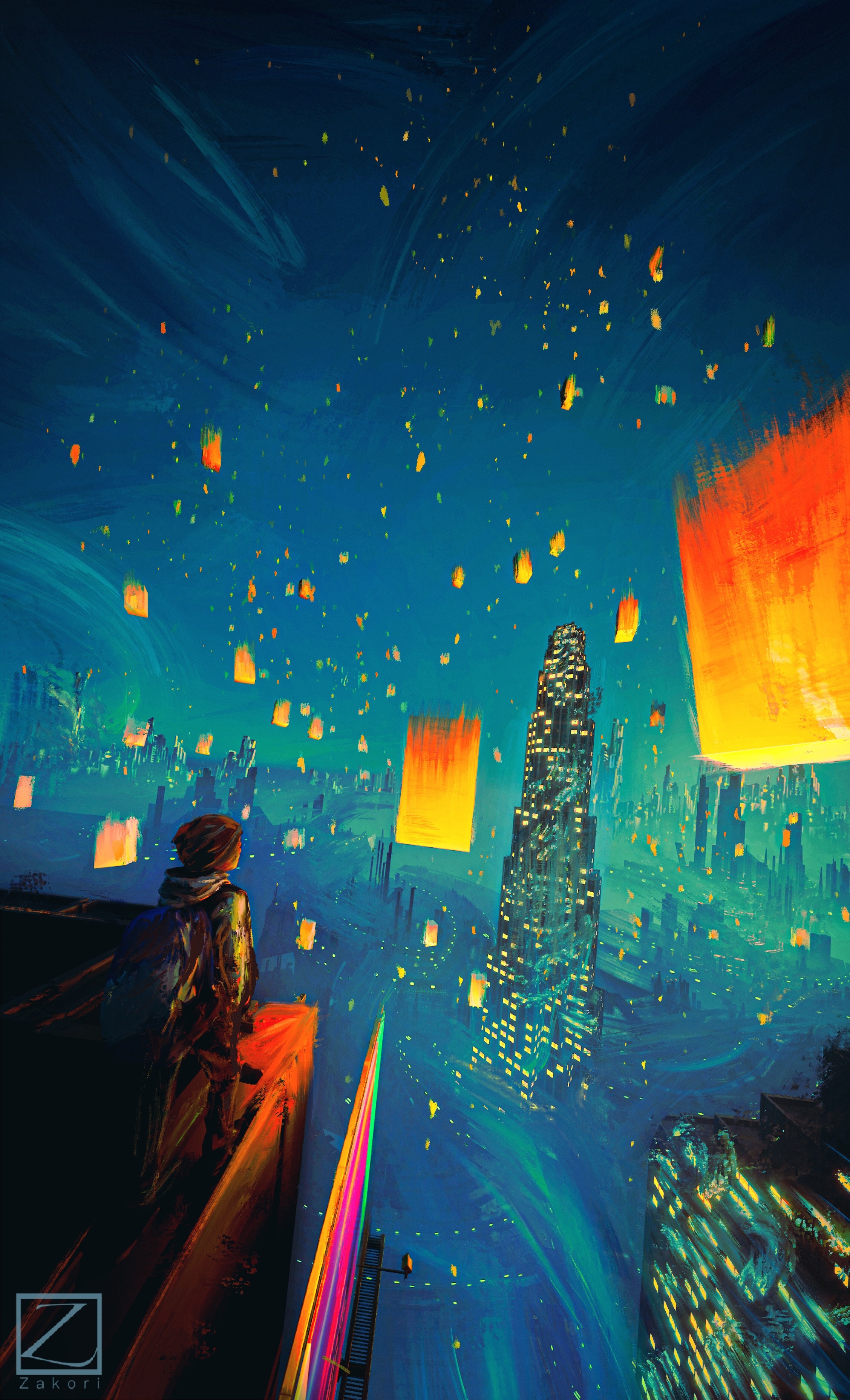 Person watching lanterns over a futuristic city HD Phone Wallpaper