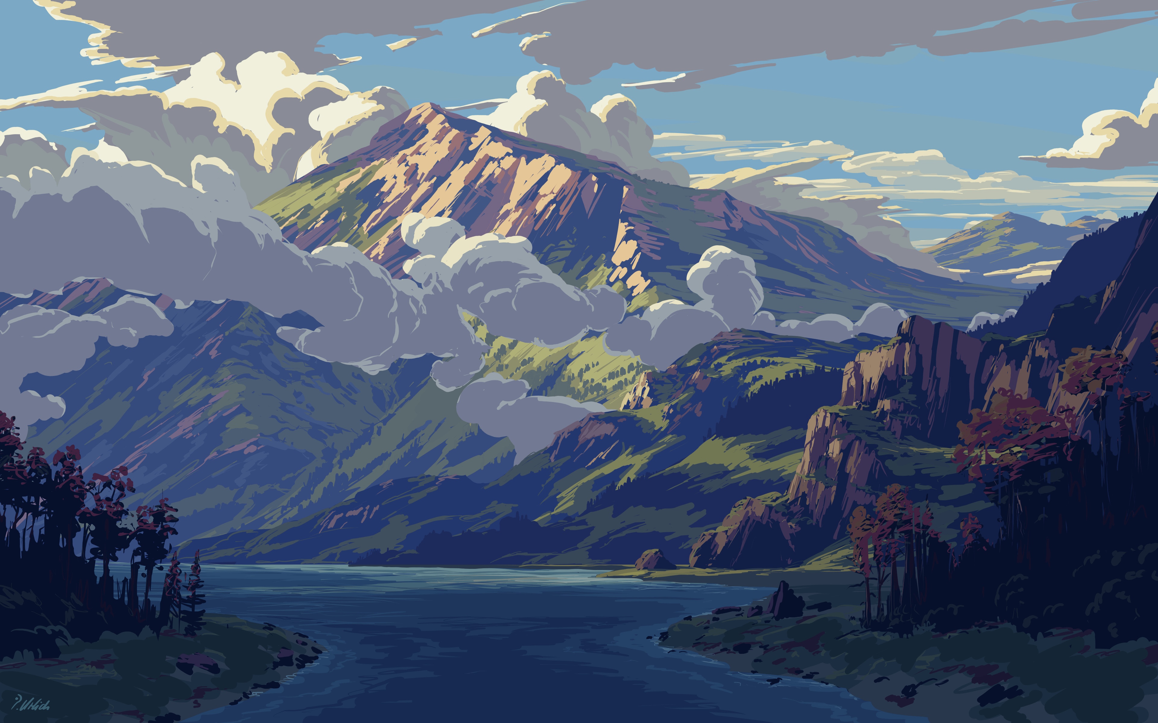 4K mountains and lake with clouds HD Wallpaper
