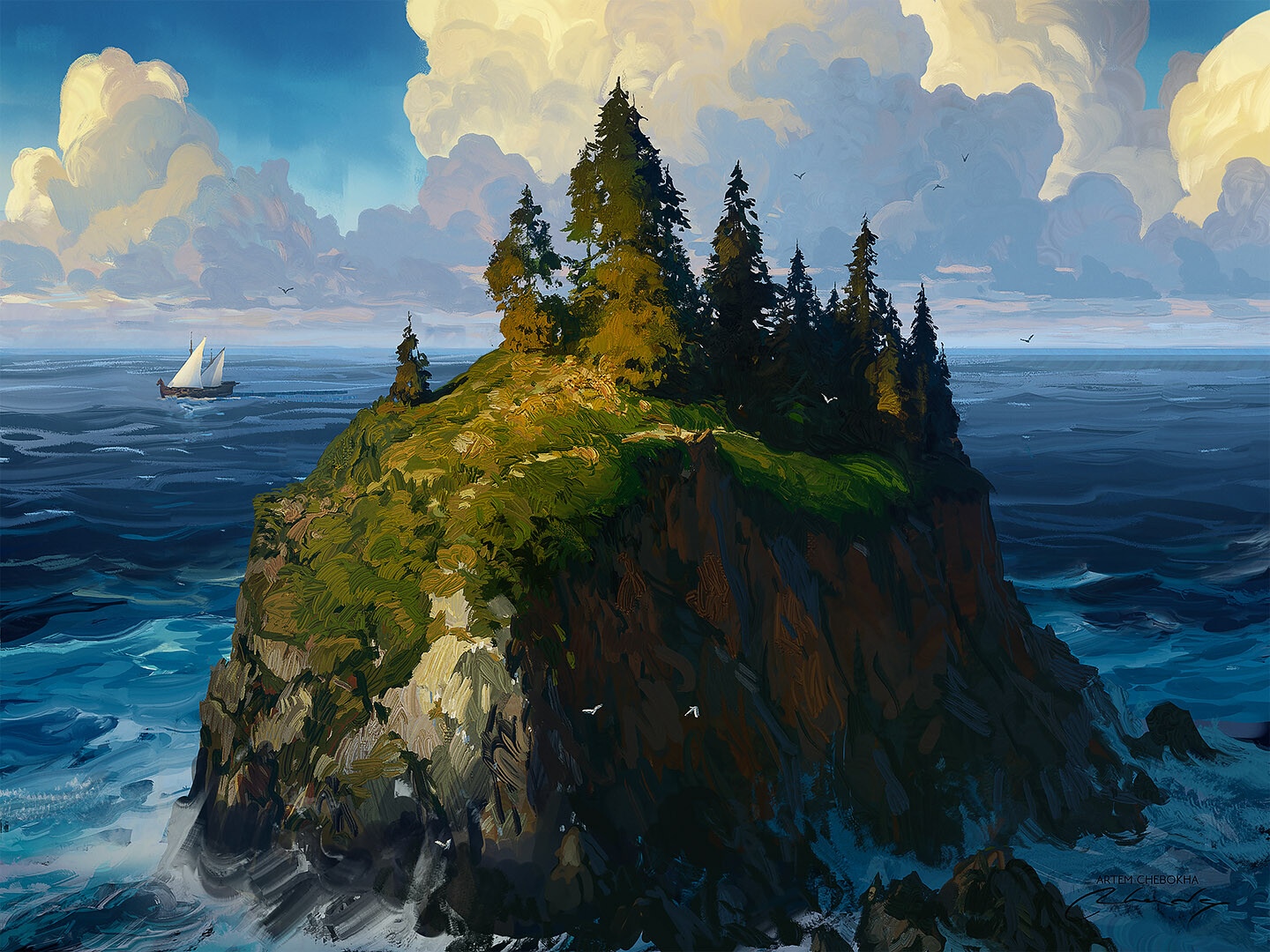 Sailboat near a rocky island with trees HD Wallpaper