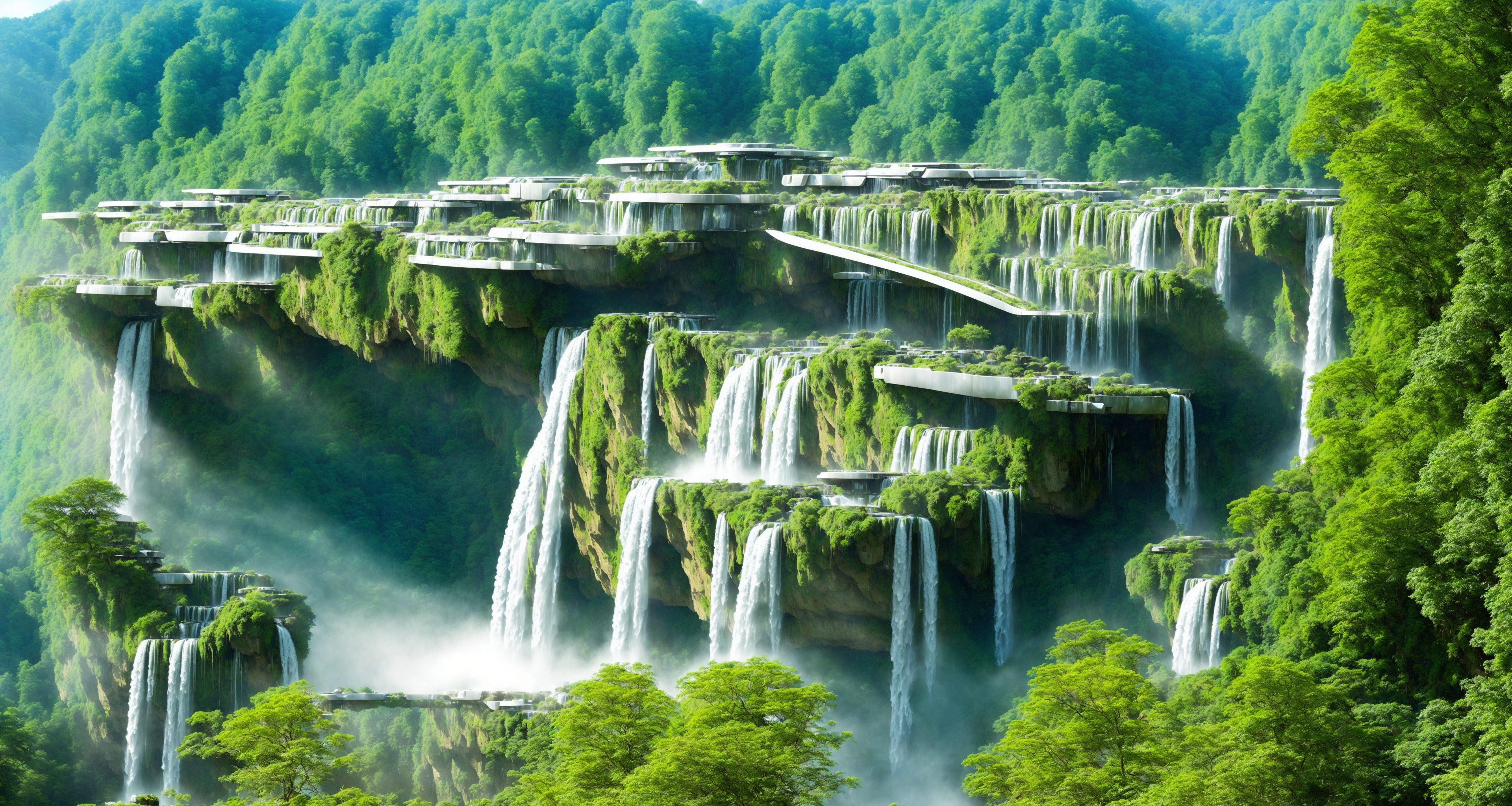 4K nature waterfall cascading down cliffs HD Wallpaper