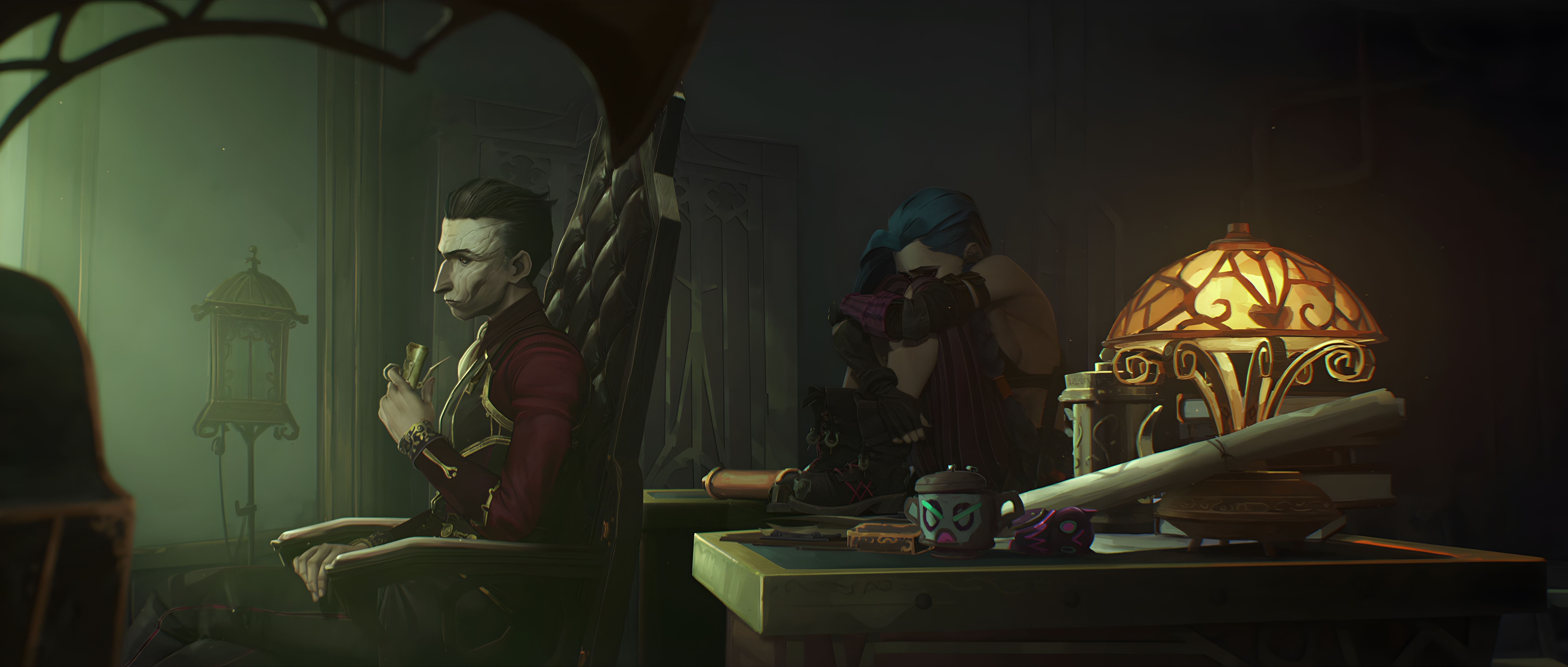 Arcane: Silco and Jinx in a dimly lit room HD Wallpaper