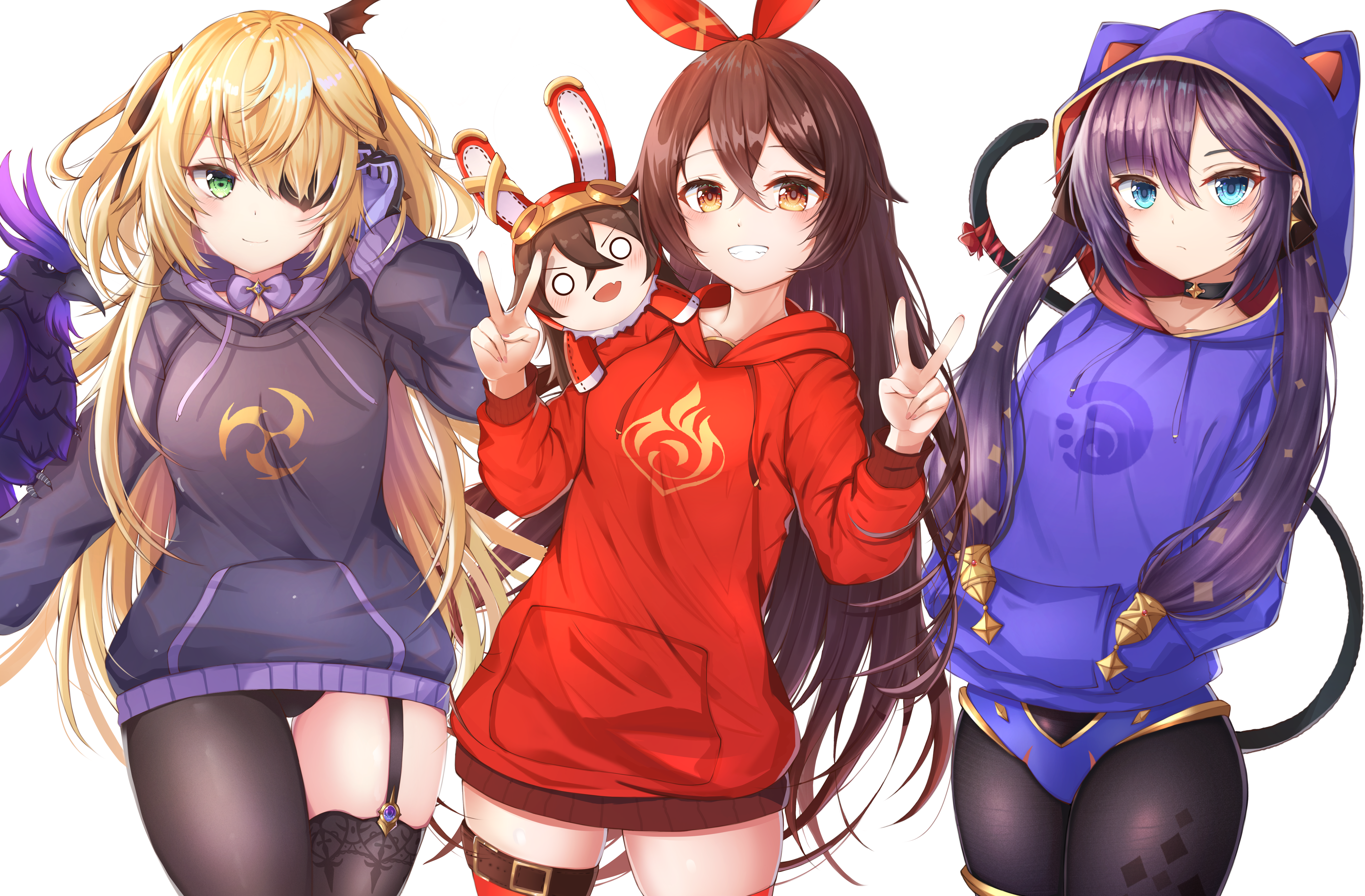 Genshin Impact: Fischl, Amber, and Mona in Hoodies HD Wallpaper