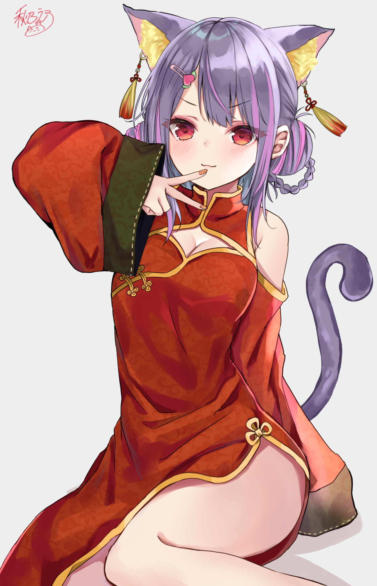 Cat girl in a red Chinese dress with cat ears and tail HD Phone Wallpaper