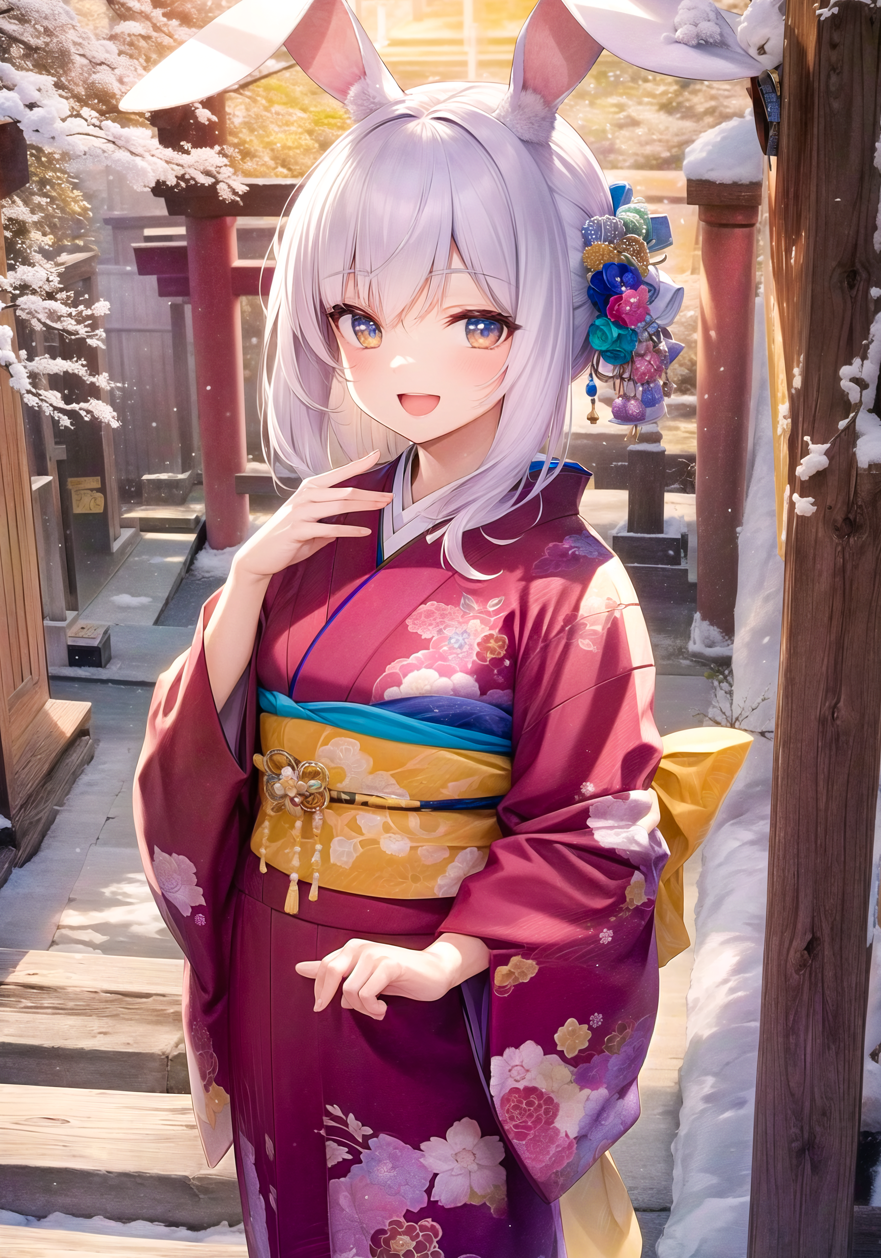 Anime bunny girl in kimono with flowers in hair in snow HD Phone Wallpaper