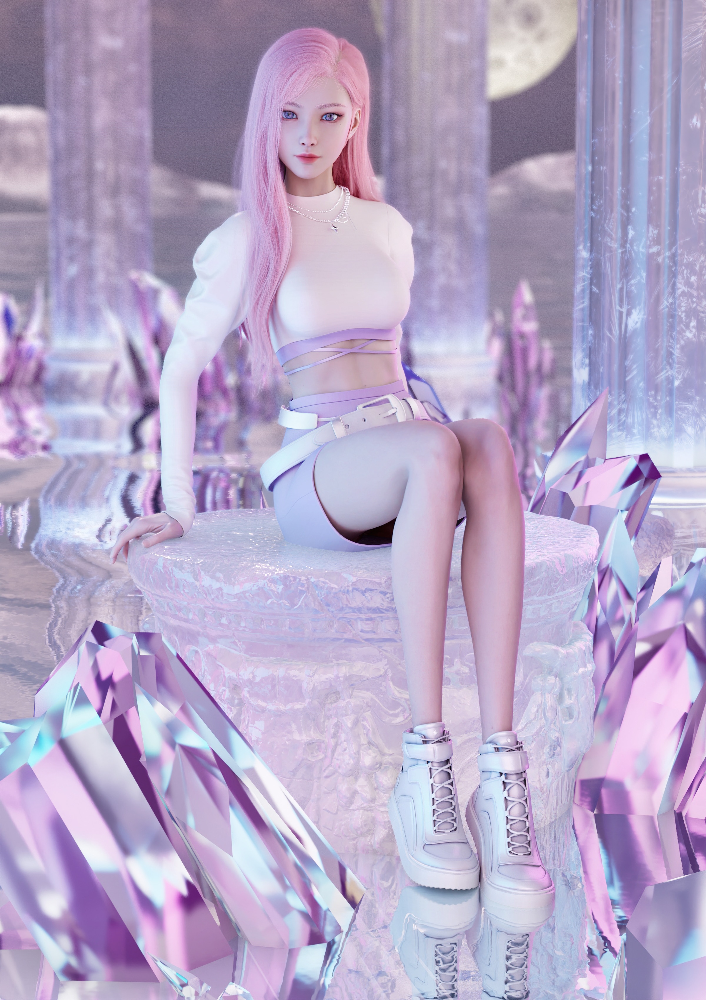 Octavian Wang's pink-haired woman in white and purple outfit HD Phone Wallpaper