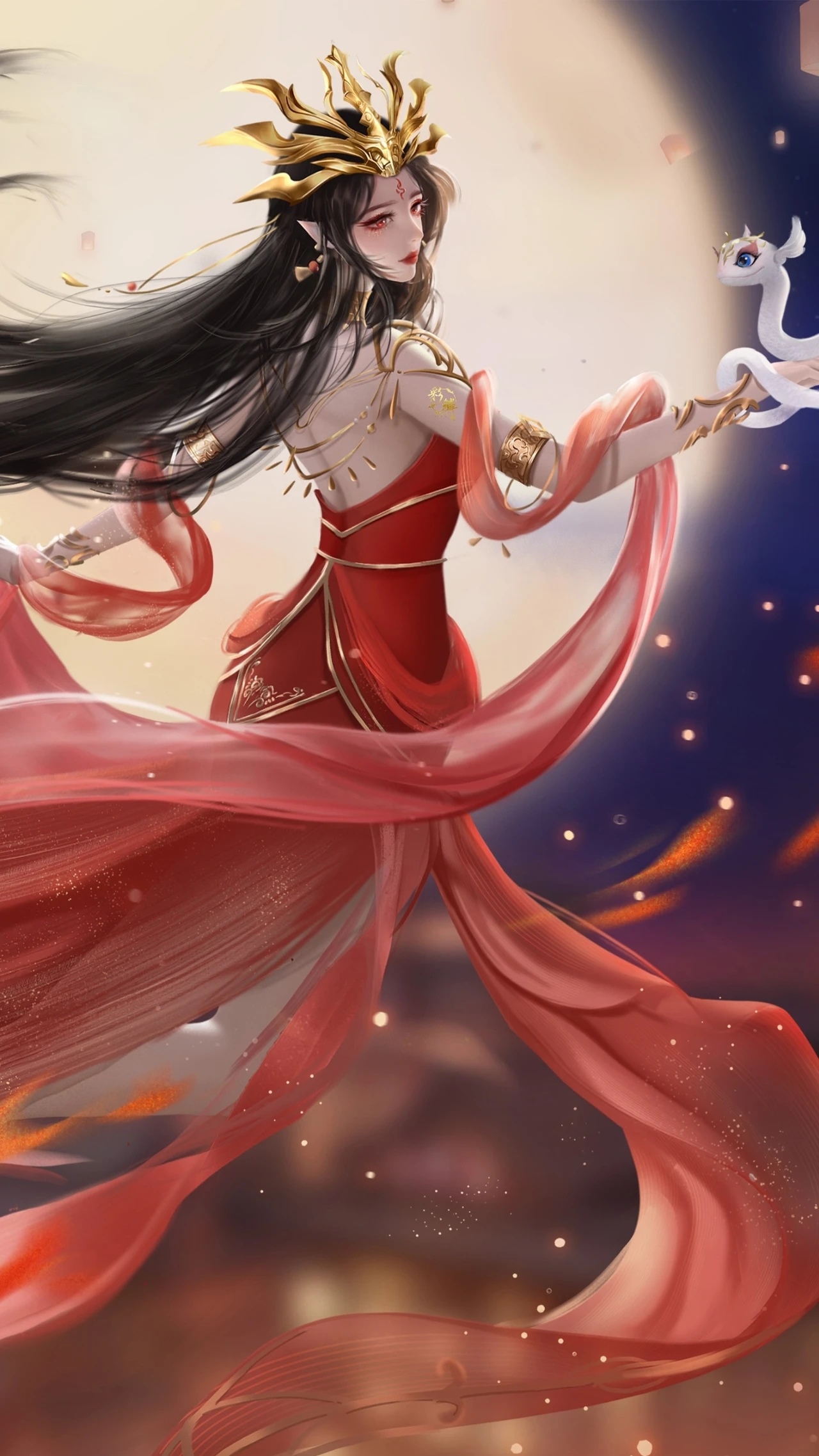 Asian woman in red dress with golden crown and snake HD Phone Wallpaper