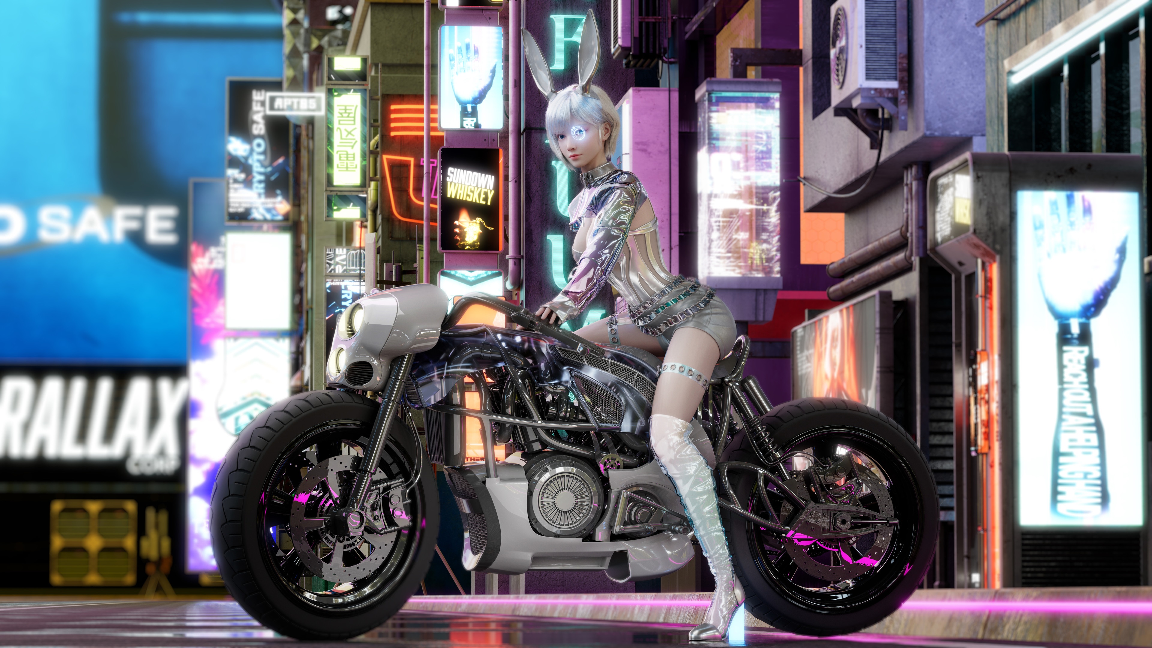 4K Bunny Girl on Motorcycle in Futuristic City HD Wallpaper