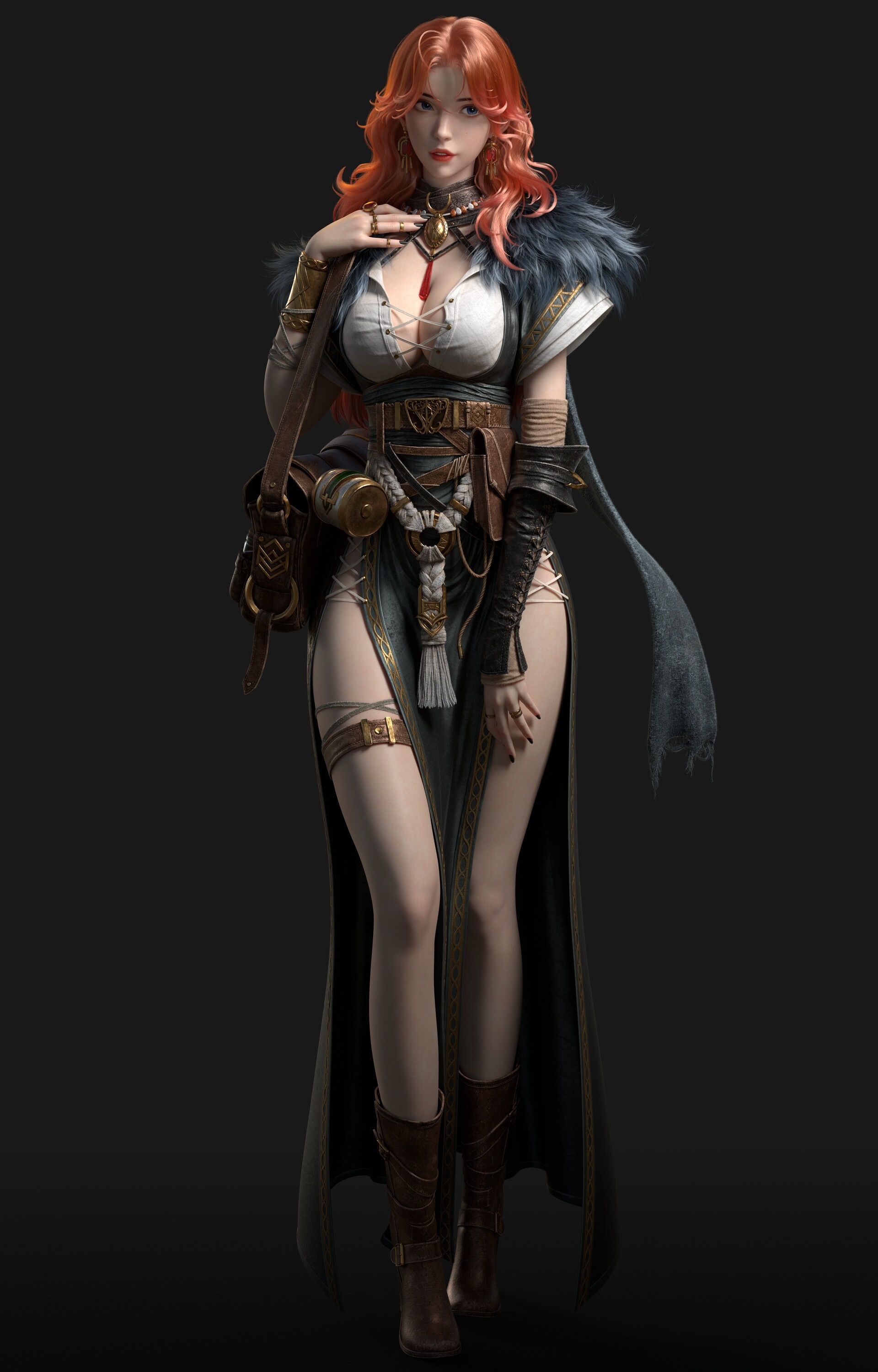 Ye Chaofan with red wavy hair and fur collar HD Phone Wallpaper
