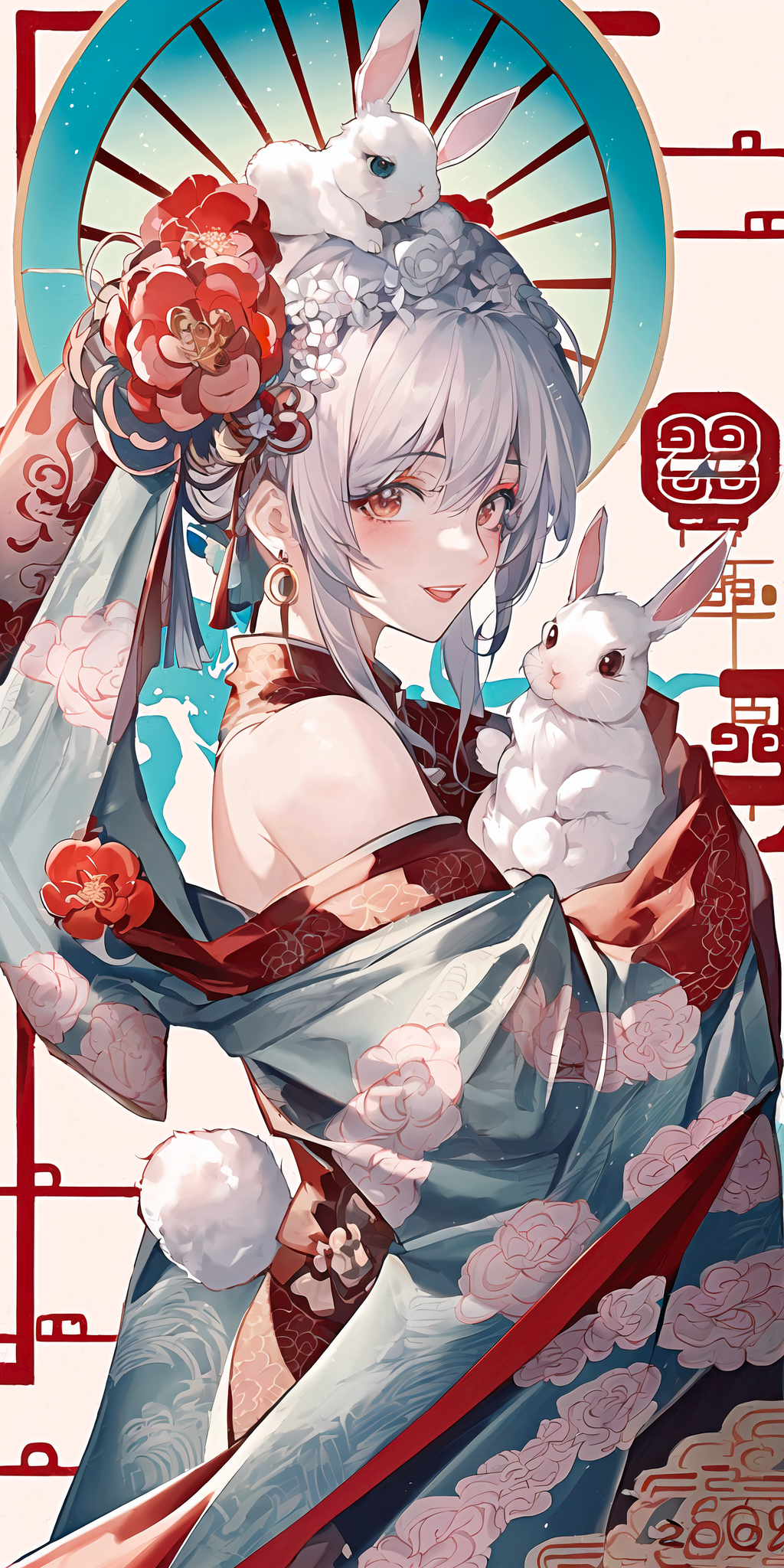 Anime girl with rabbits and flowers in kimono HD Phone Wallpaper