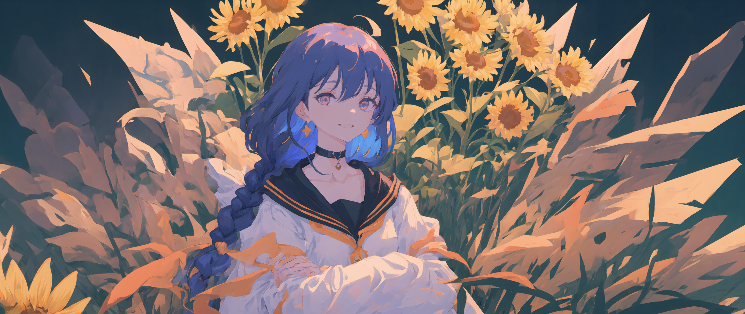 Anime girl with blue hair and sunflowers HD Wallpaper