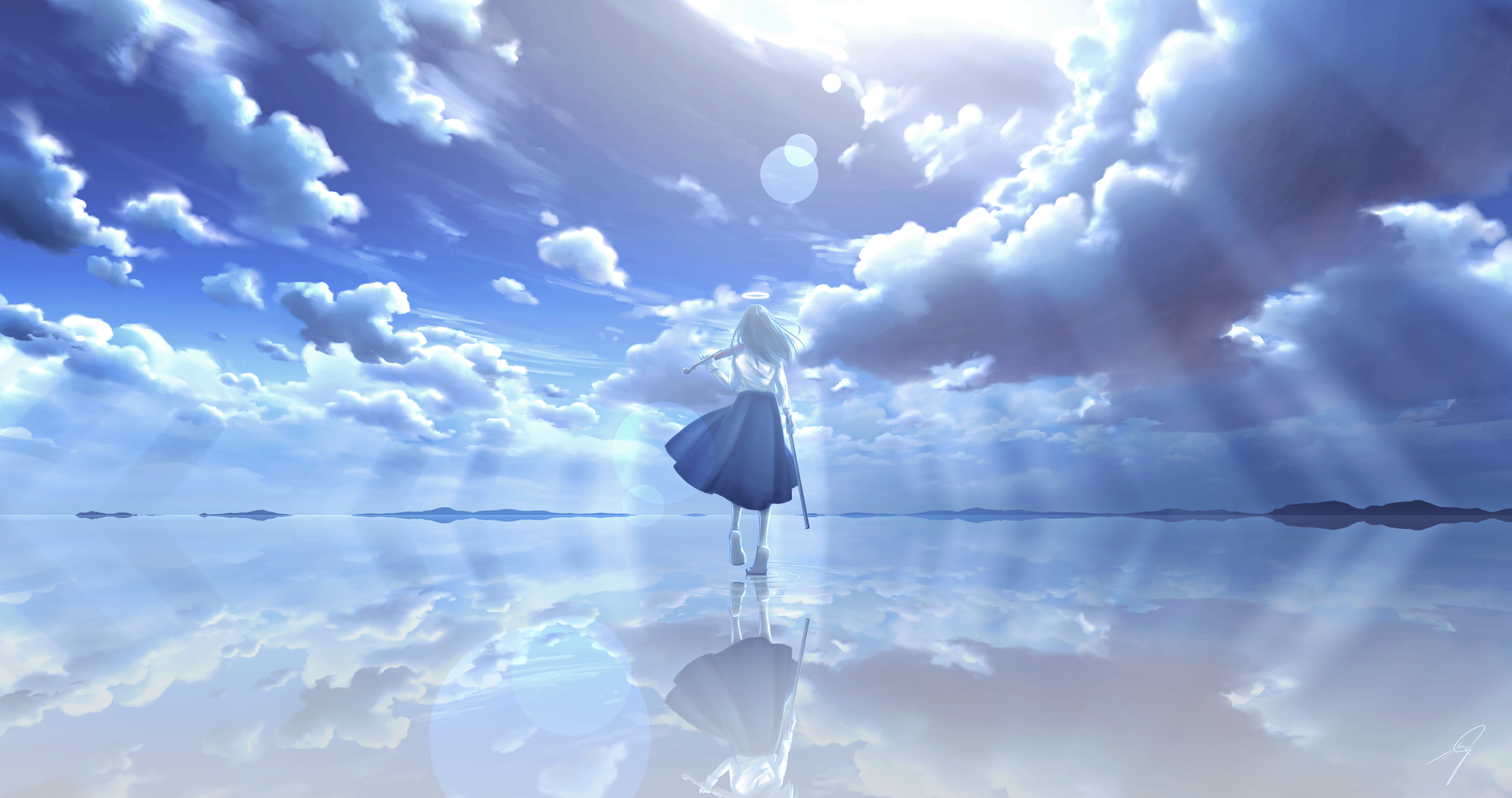 Girl with violin and sword on reflective water under clouds HD Wallpaper