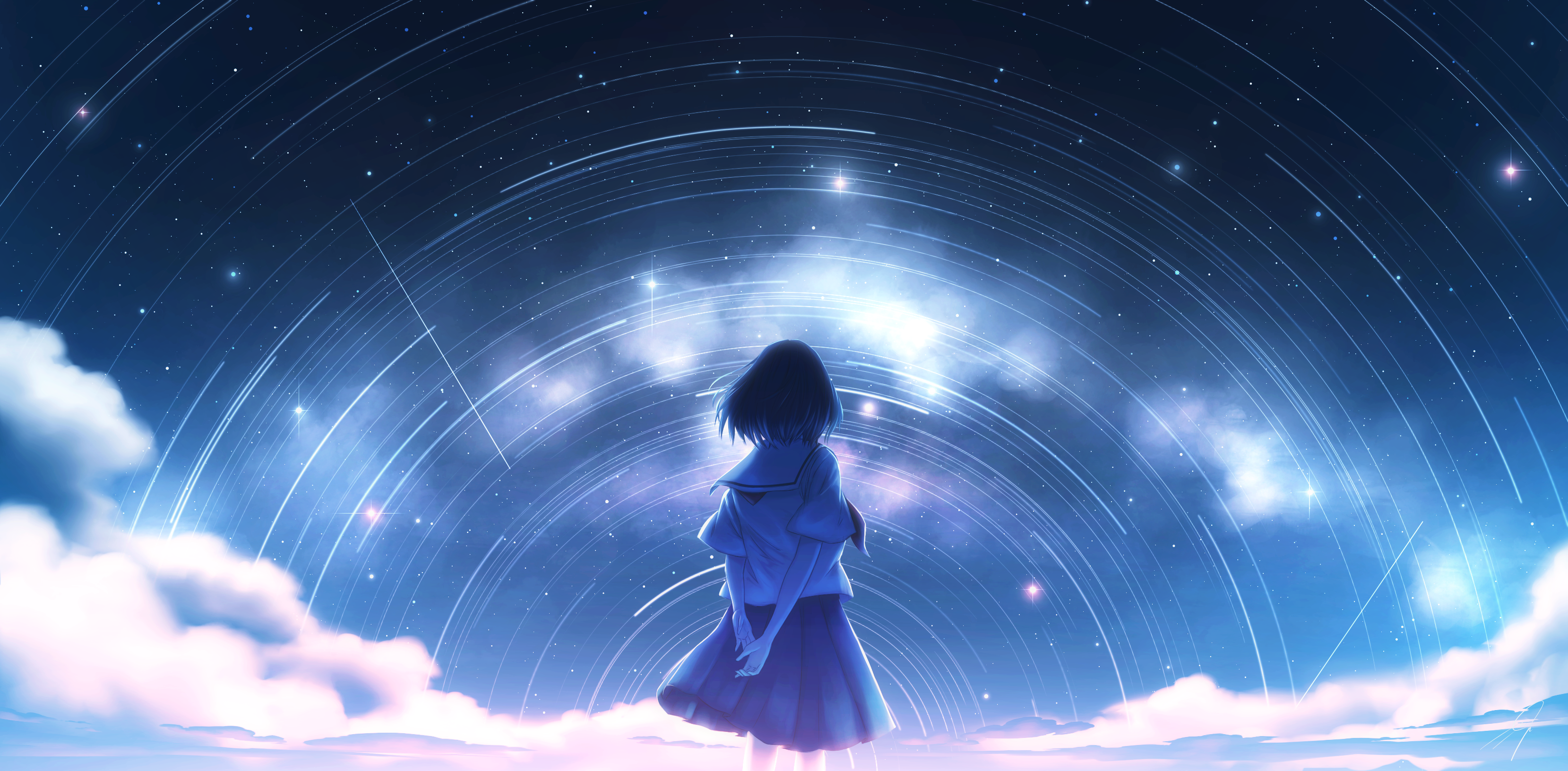Girl in school uniform under star trails and clouds HD Wallpaper