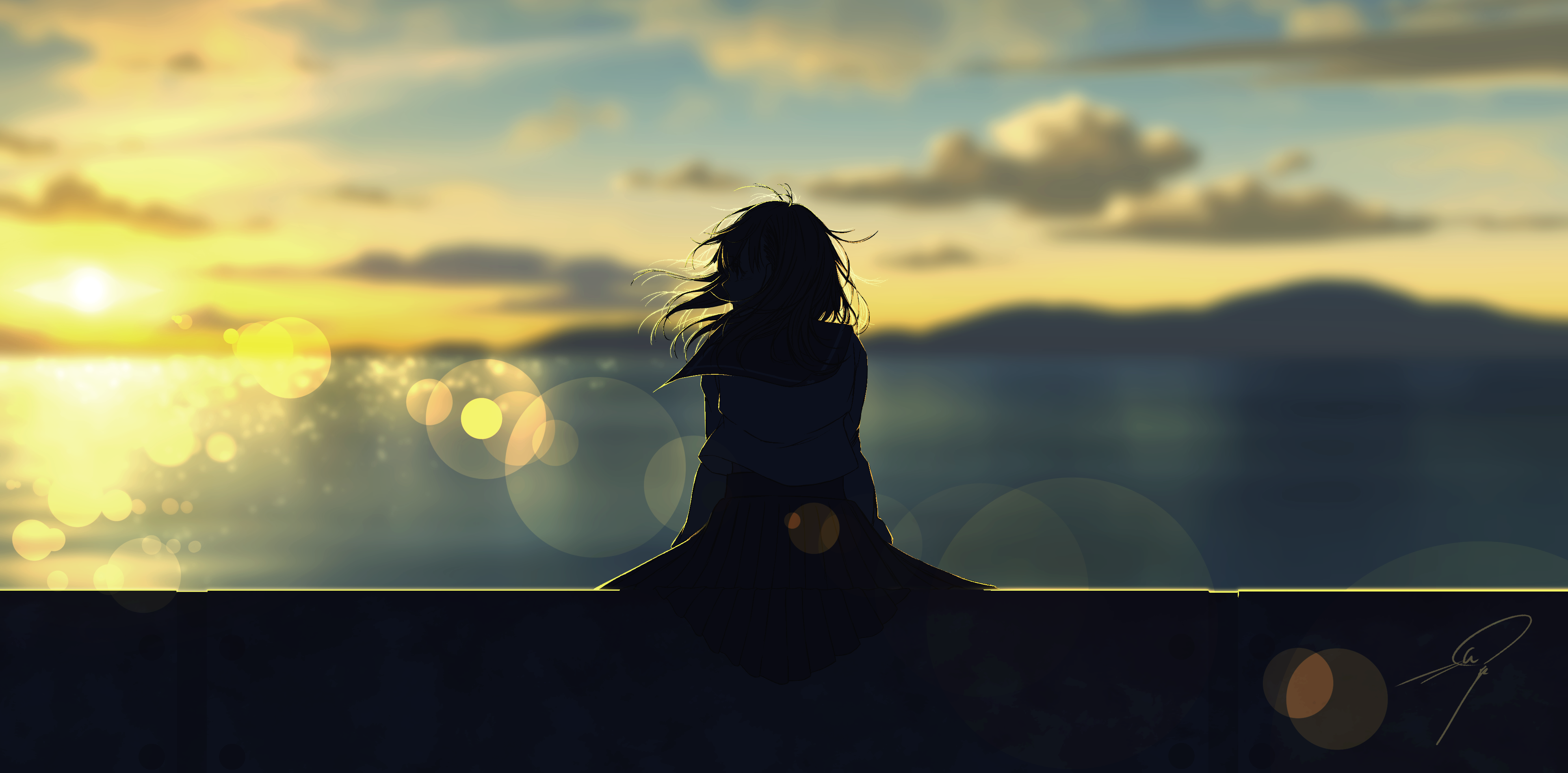 Silhouette of a girl at sunset by the sea HD Wallpaper