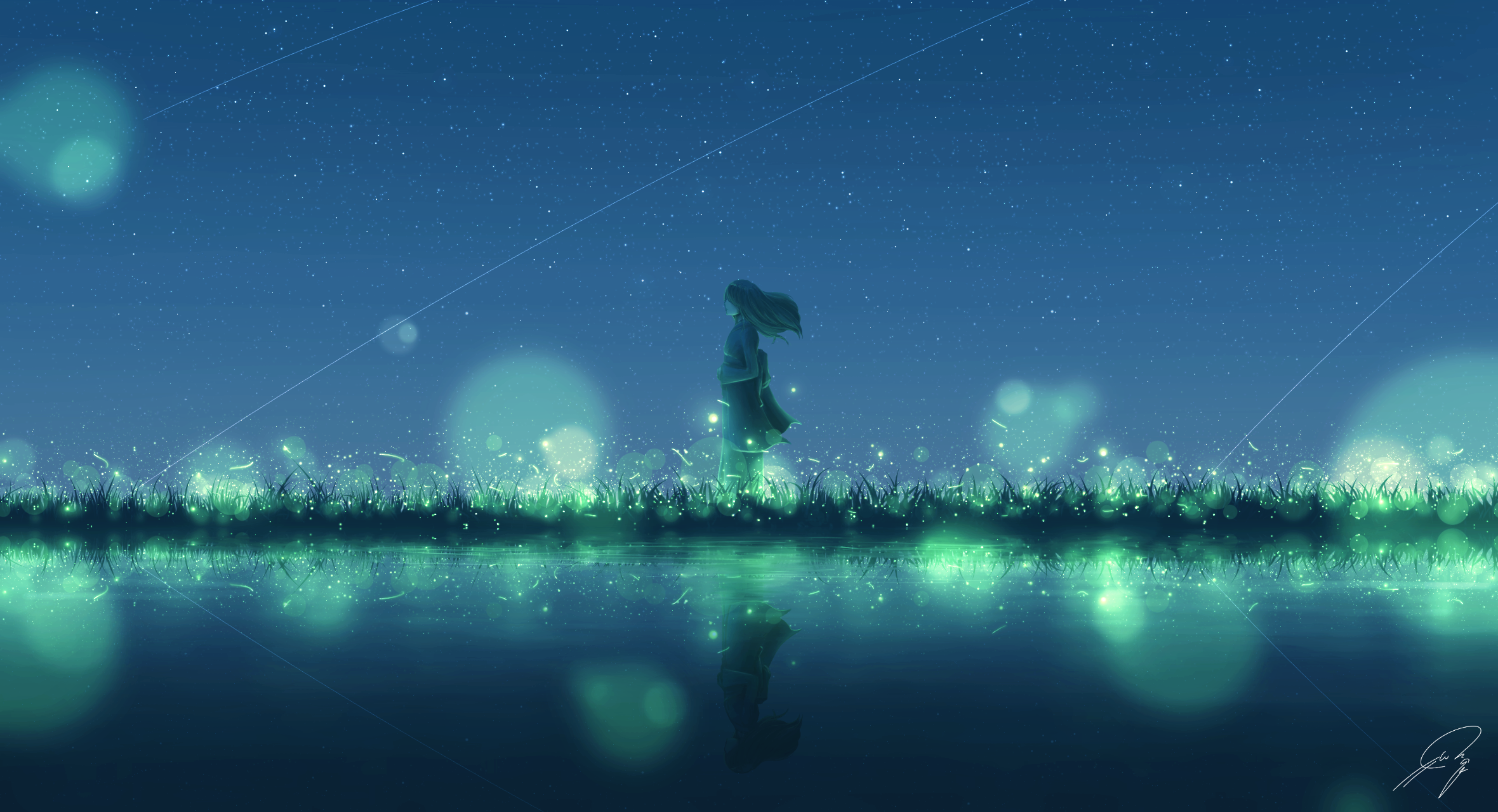 Girl in field of fireflies under starry sky HD Wallpaper