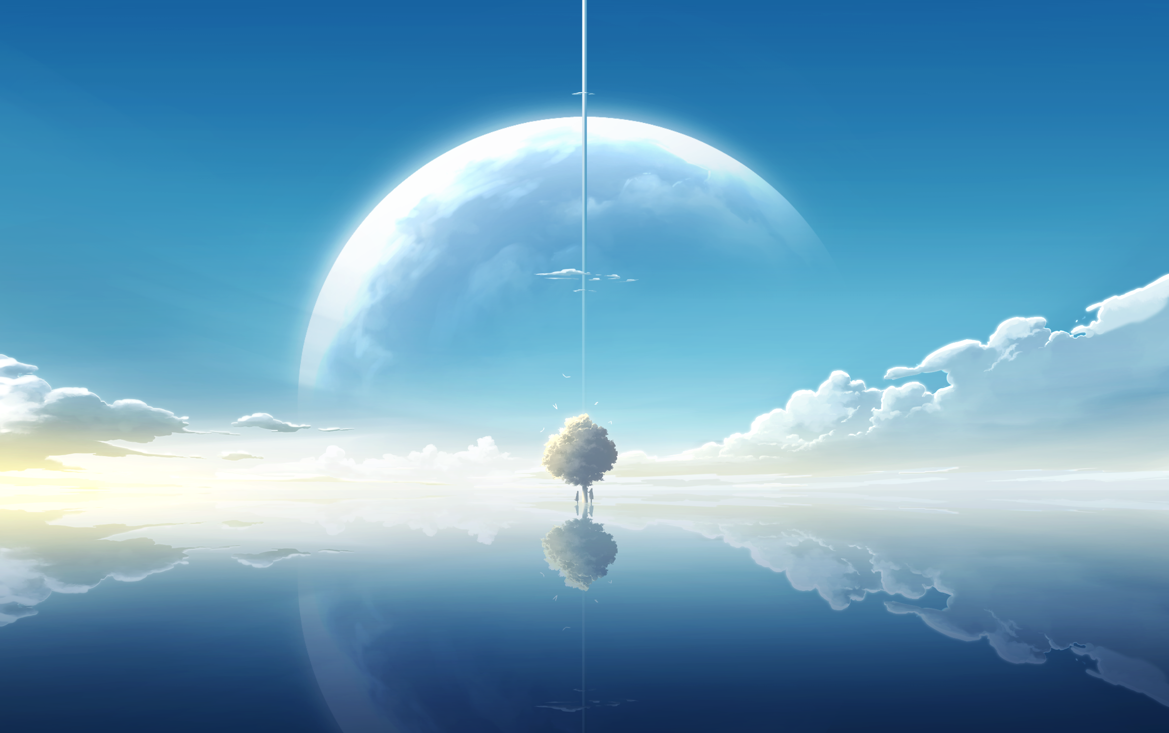 A lone tree reflected in a vast body of water under a giant planet HD Wallpaper