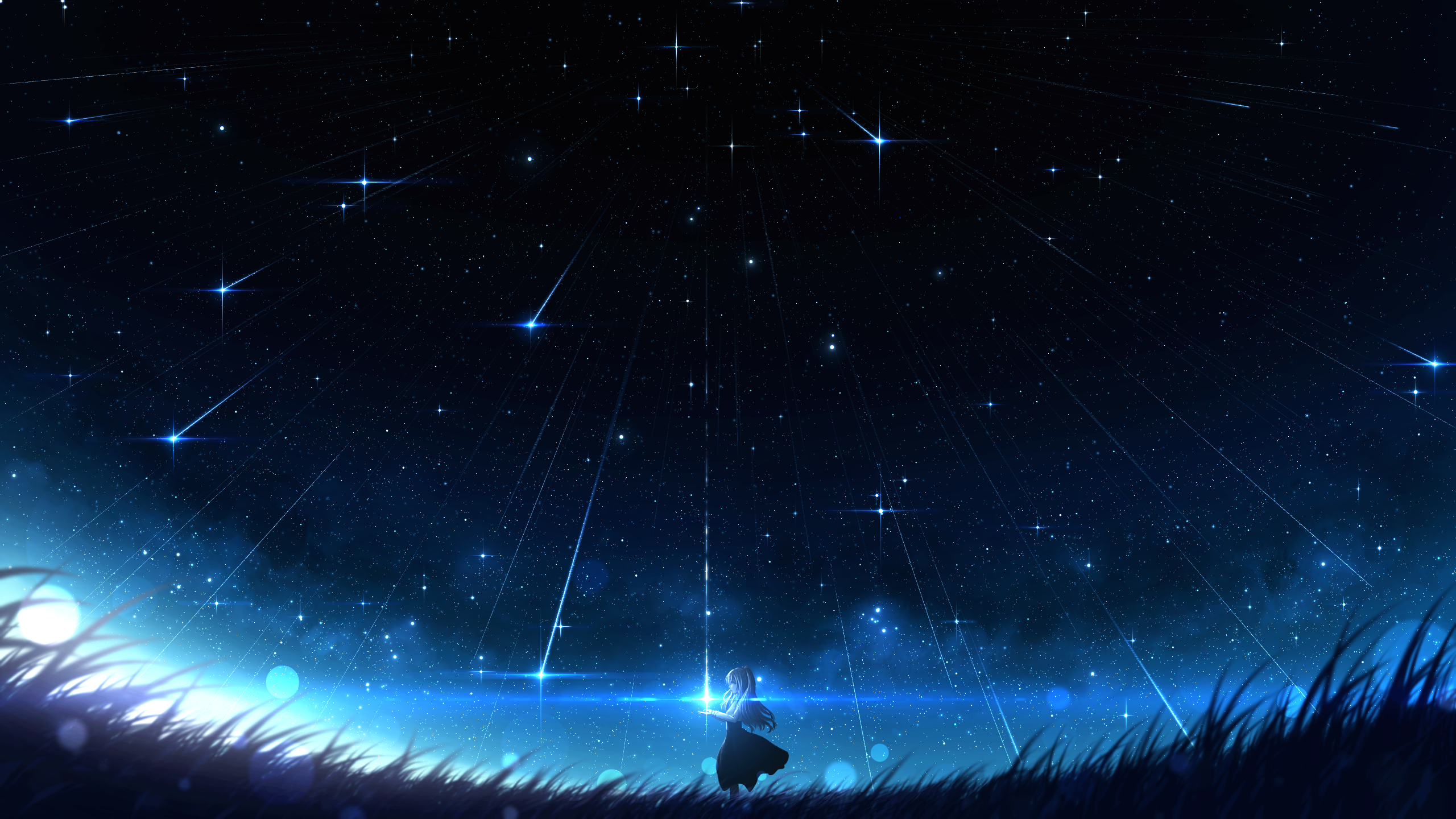 Girl under a starry night sky with shooting stars HD Wallpaper