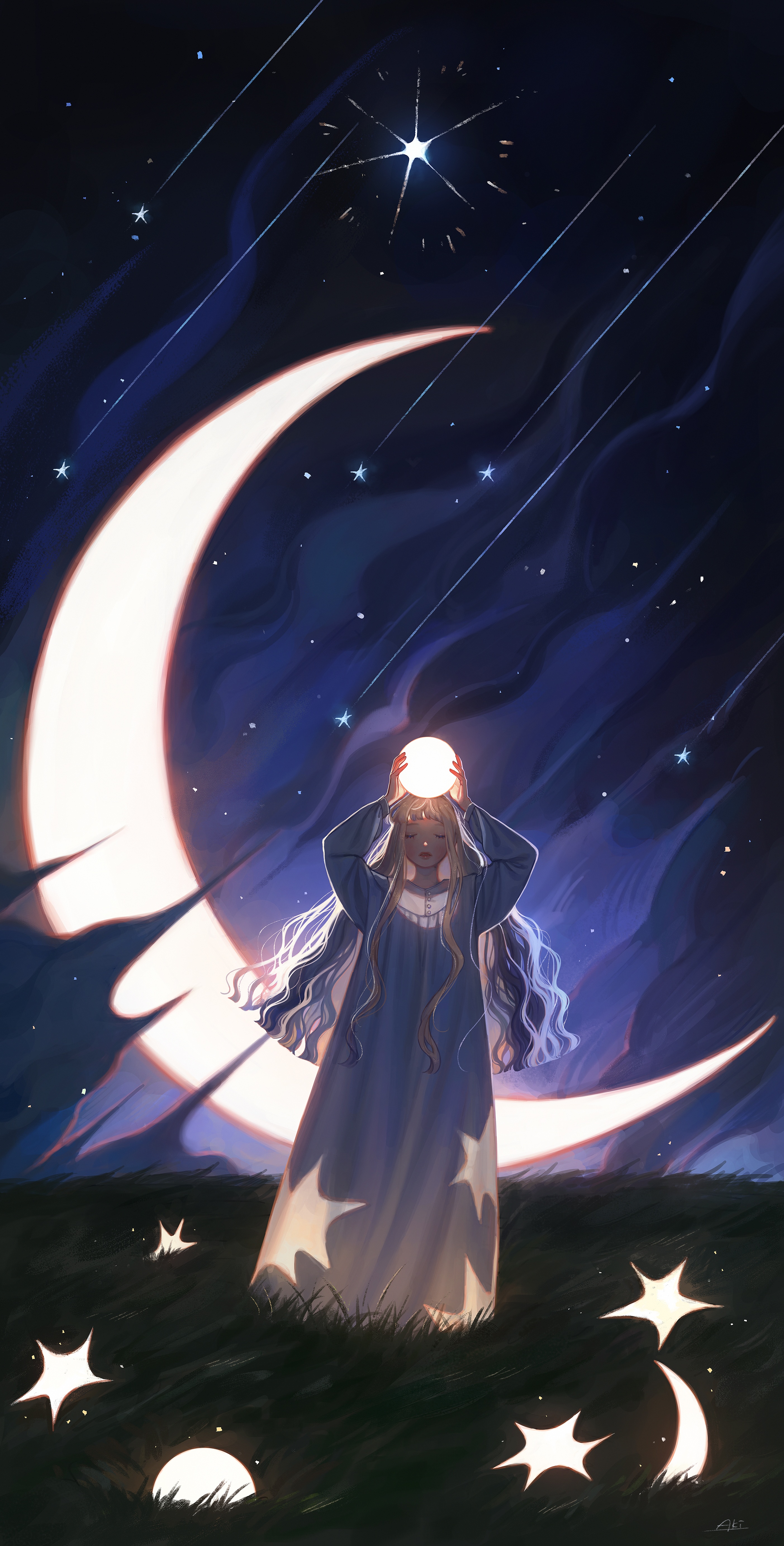 Fantasy girl holding a glowing orb under a crescent moon HD Phone Wallpaper