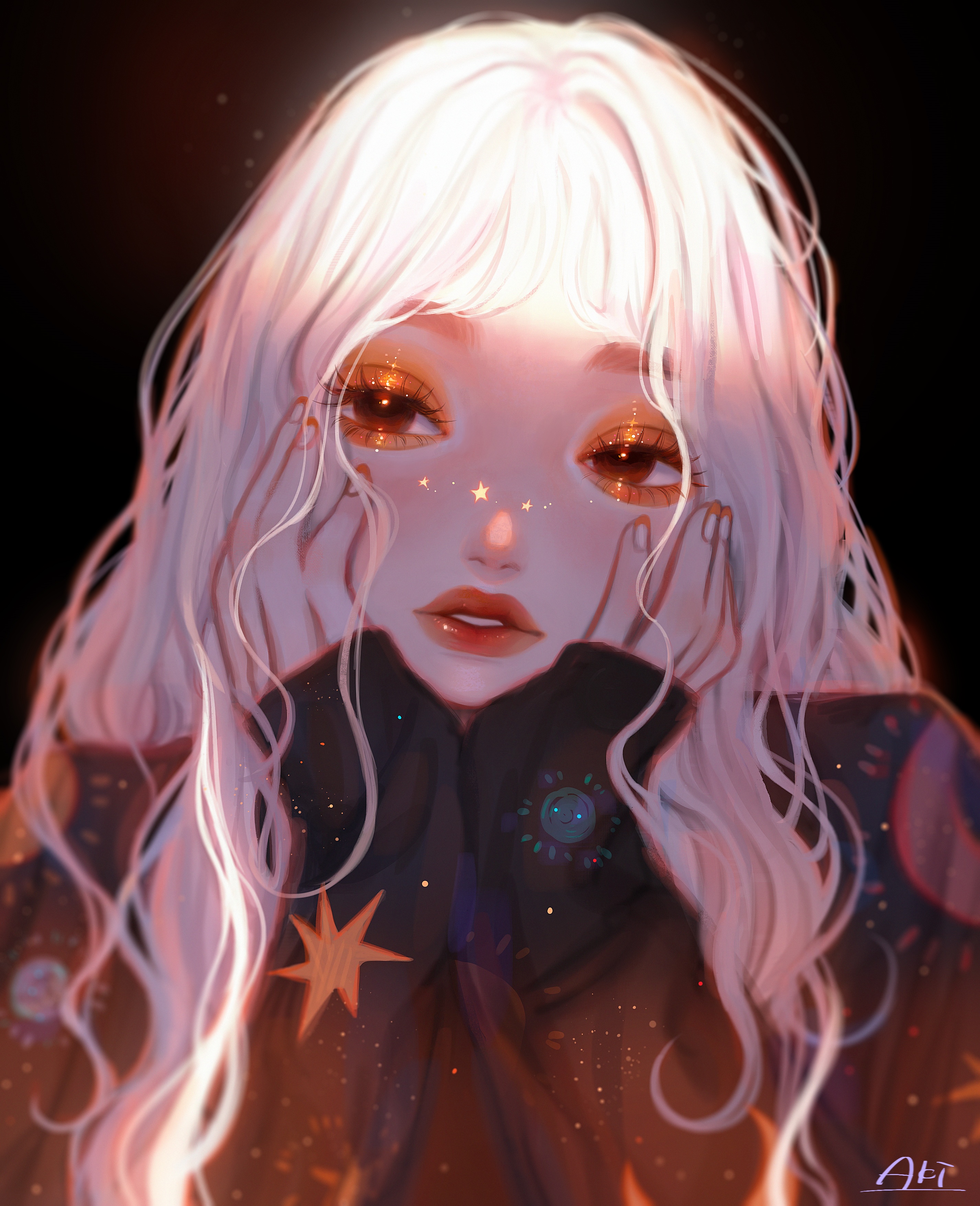 Fantasy girl with blonde hair and starry makeup HD Phone Wallpaper