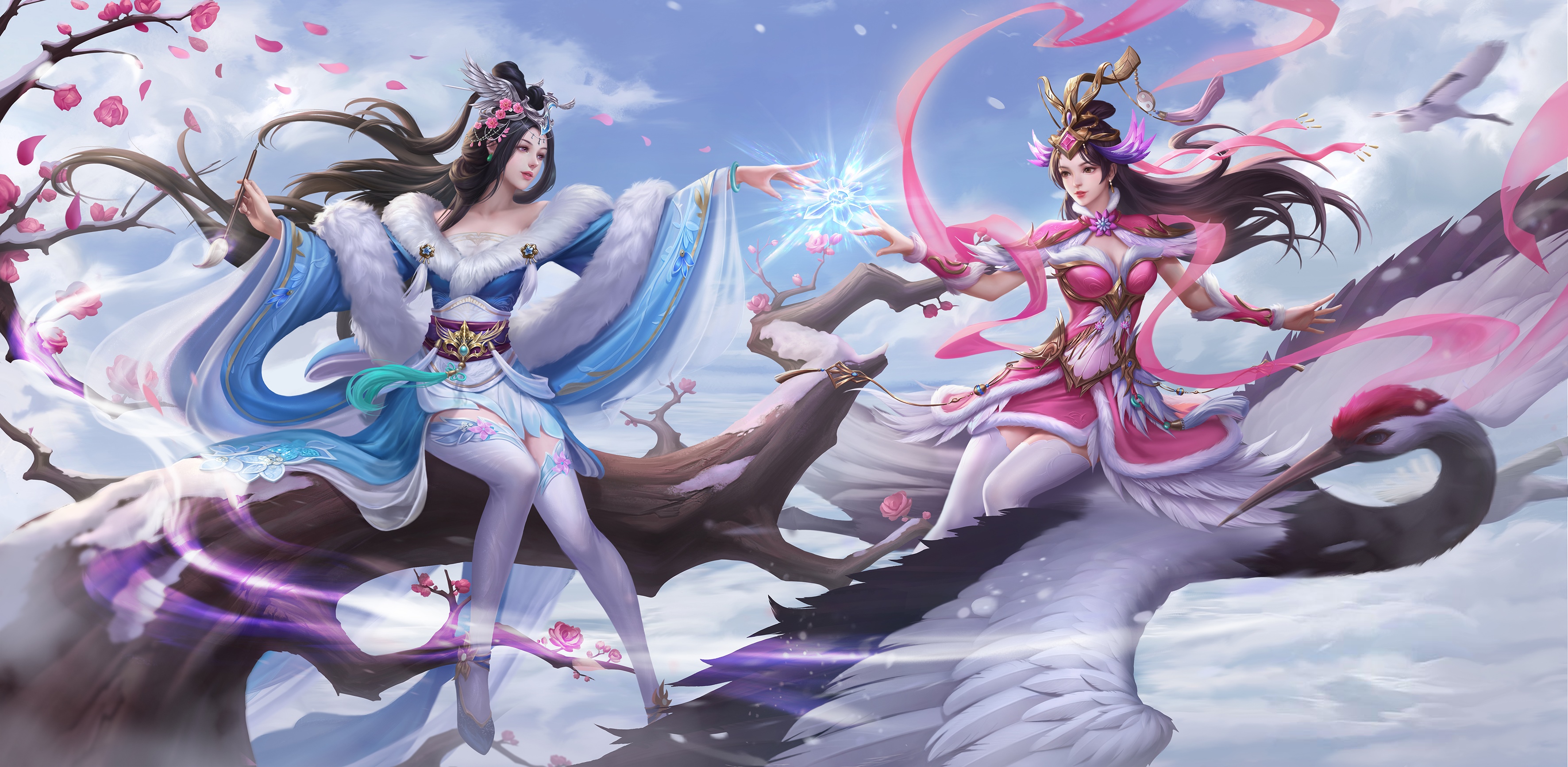 Two women in traditional Chinese attire on cranes HD Wallpaper