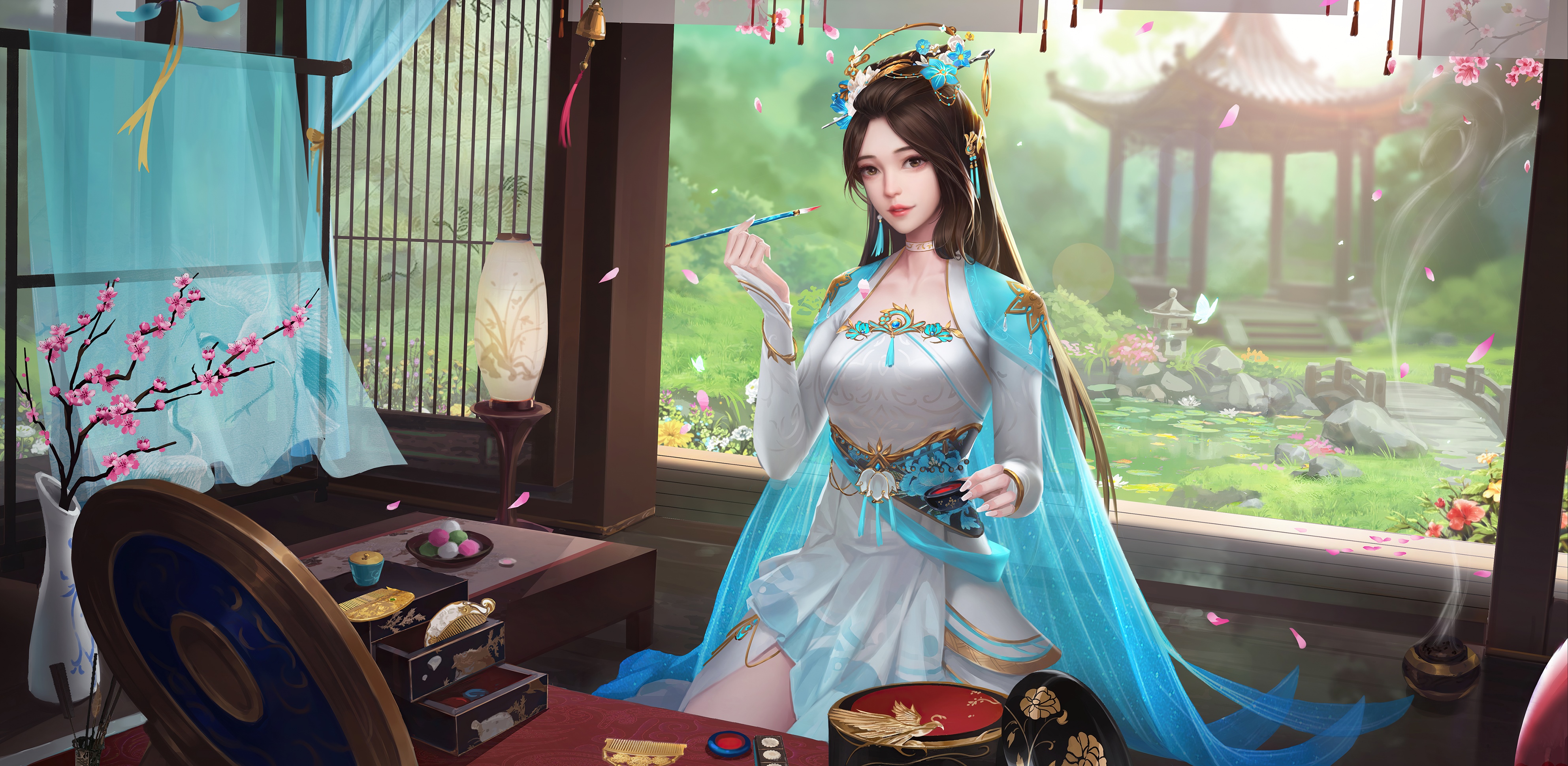 4K Asian woman in traditional attire with flowers HD Wallpaper