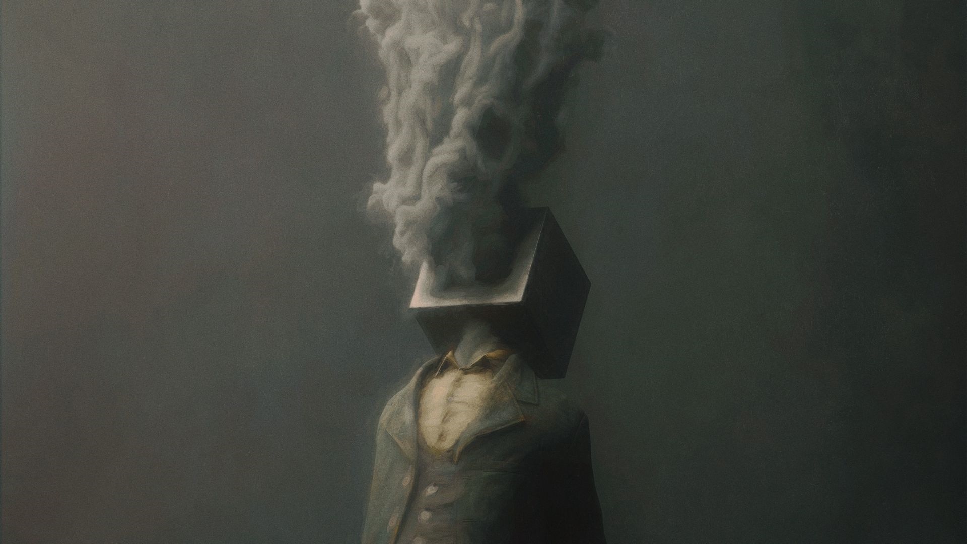 Man with a box for a head and smoke coming out HD Wallpaper