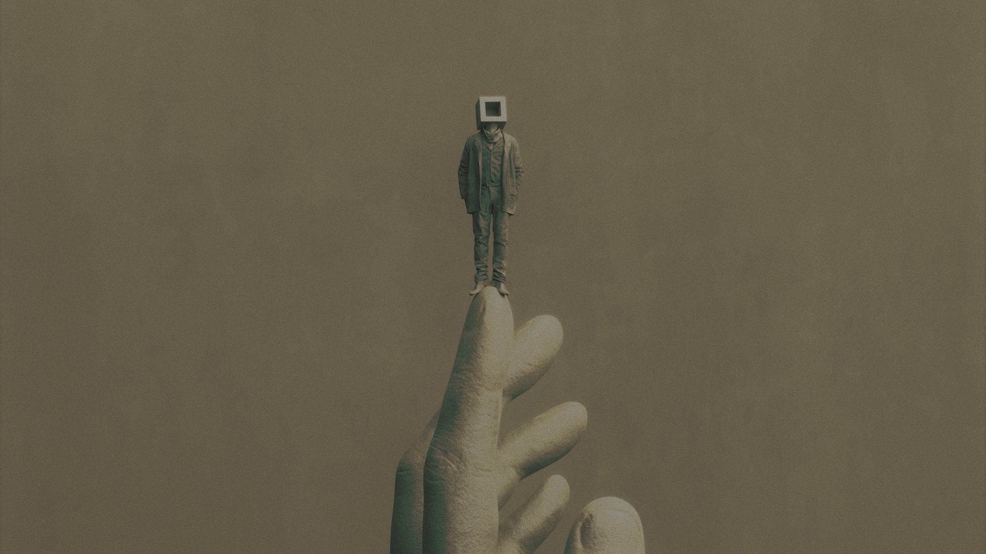 Man with a cube head standing on a giant hand HD Wallpaper