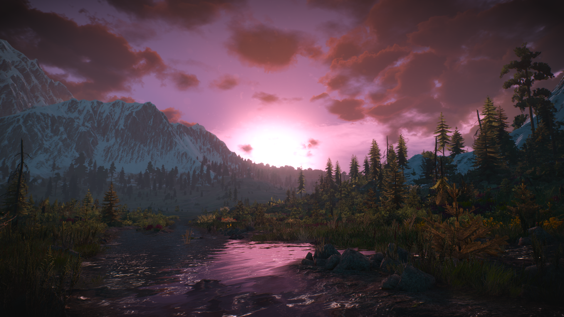 The Witcher 3: Wild Hunt landscape with mountains and sunset HD Wallpaper
