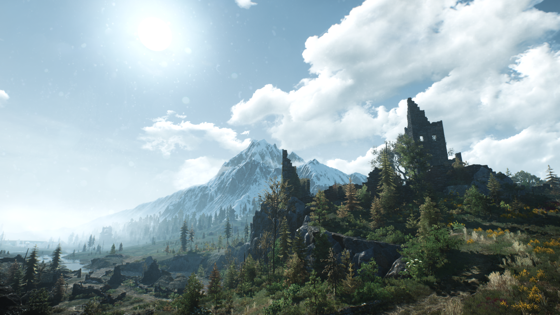 The Witcher 3: Wild Hunt Skellige landscape with mountains and ruins HD Wallpaper