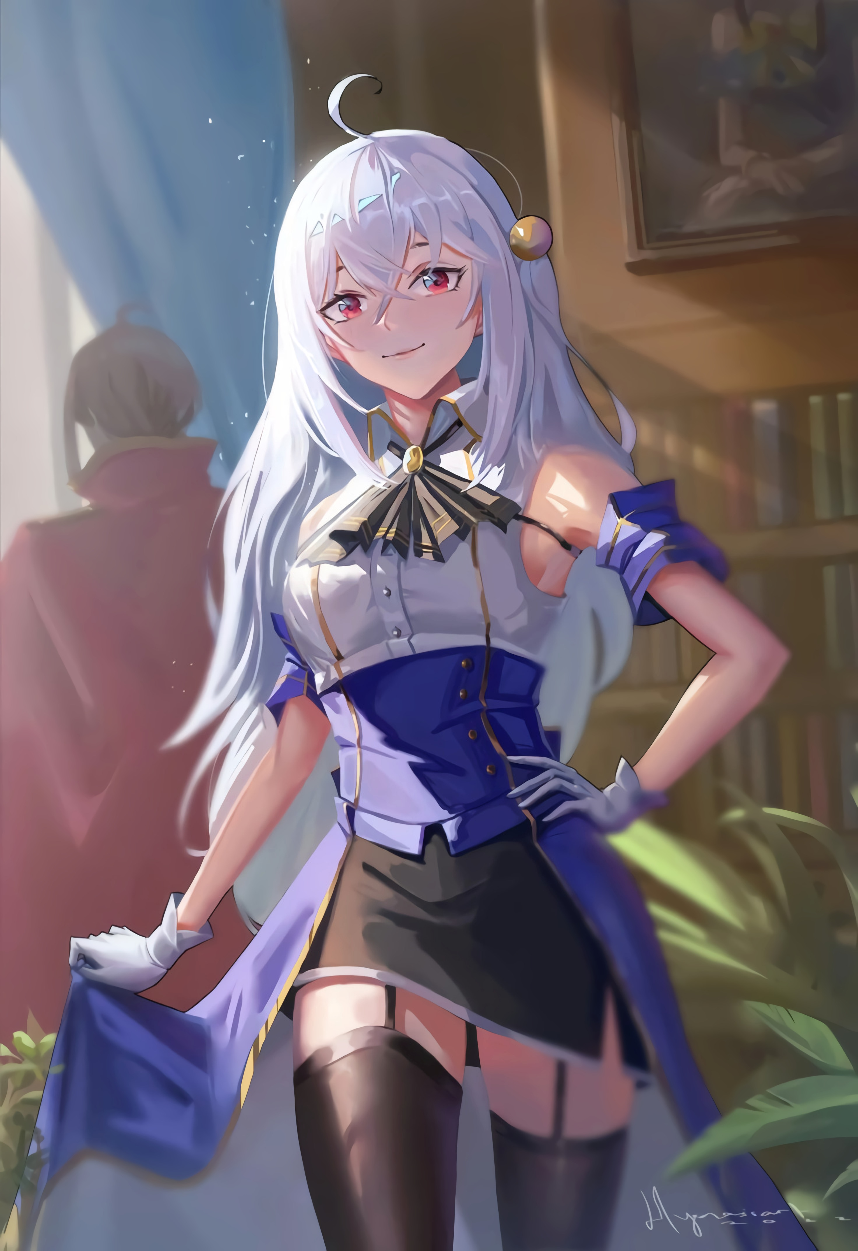 Anime girl with white hair and red eyes lifting dress HD Phone Wallpaper